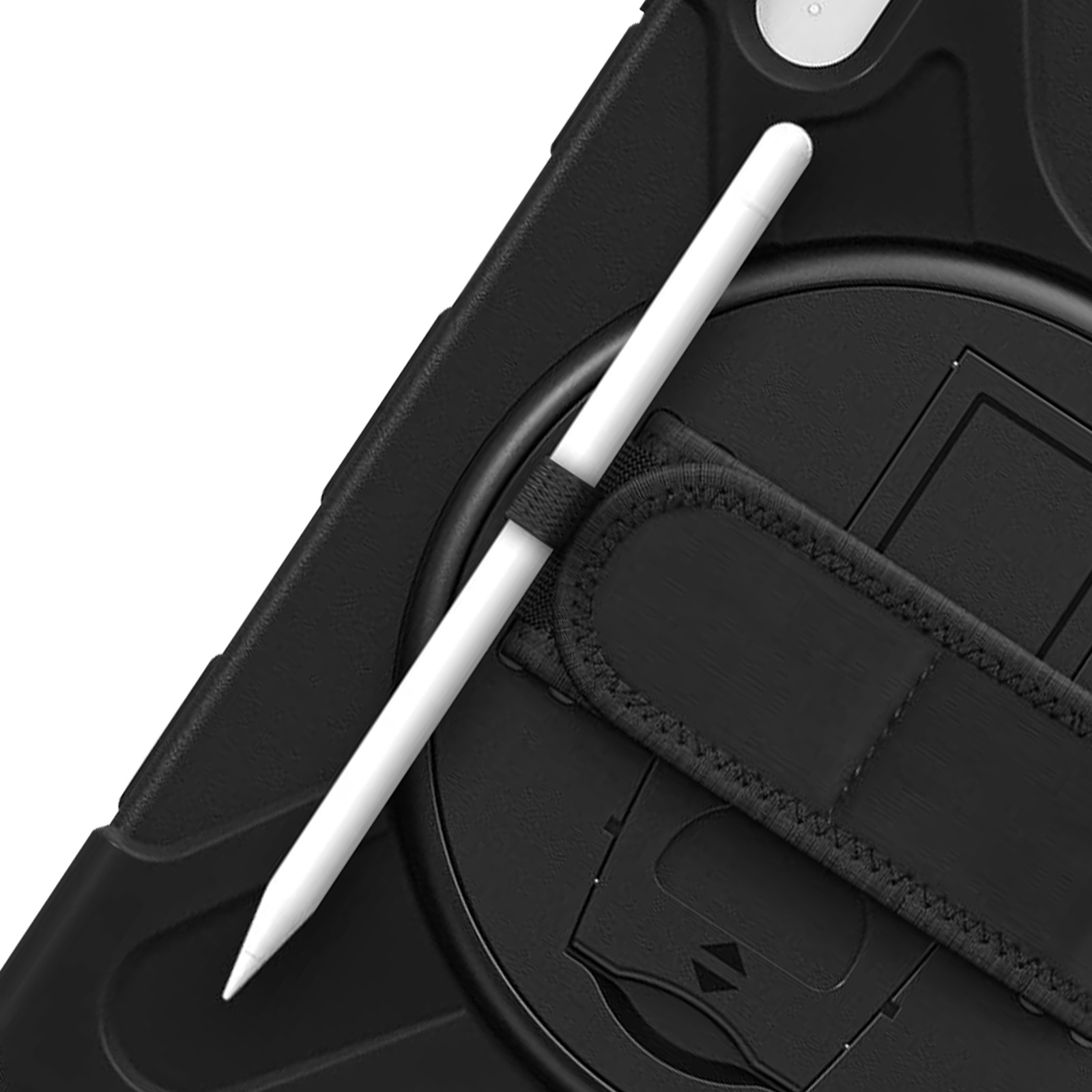 Eine schwarze Tablet-Hülle mit befestigtem weißen Stift, Nahaufnahme, auf weißer Oberfläche.