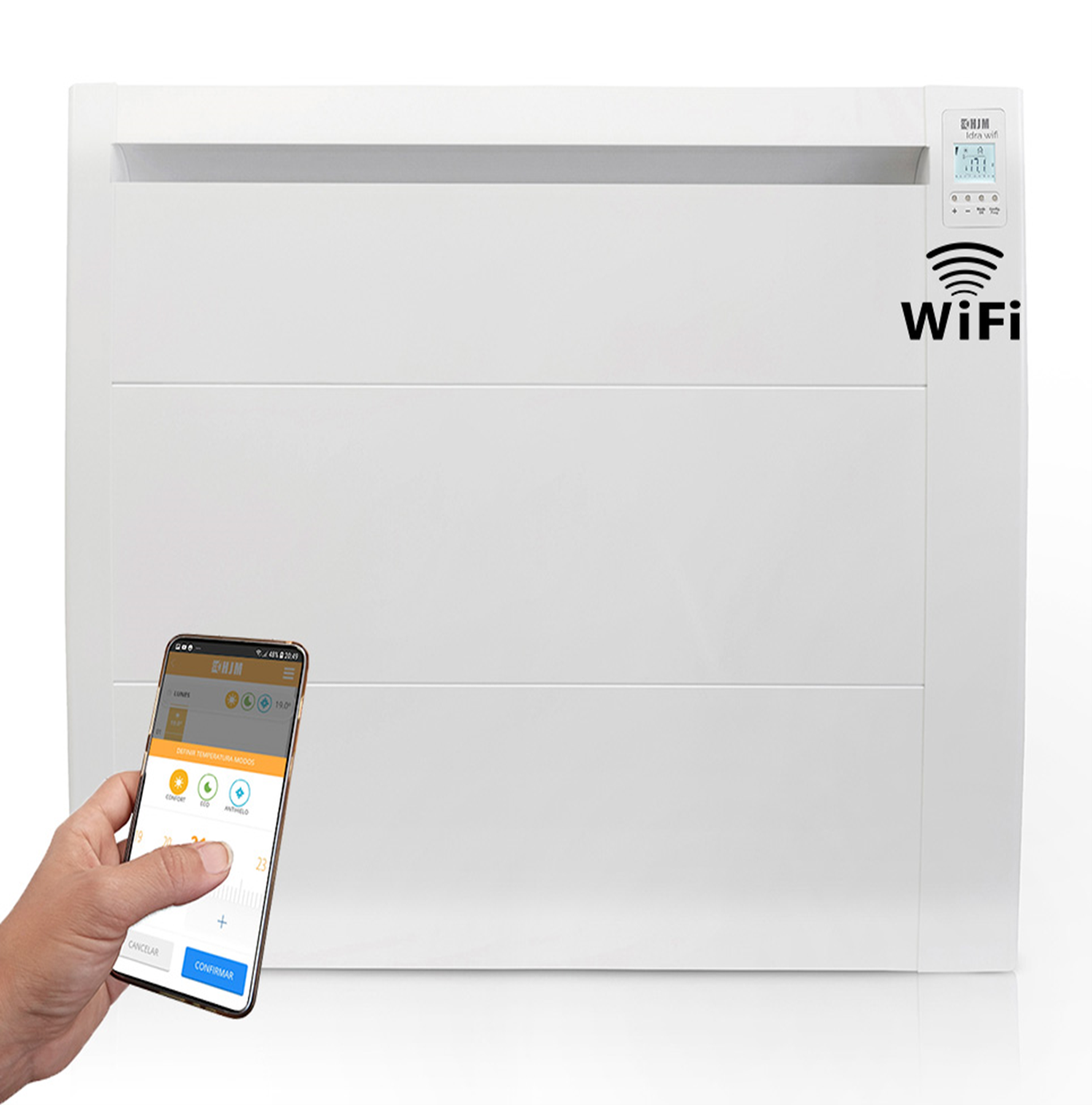 Calentador blanco con WiFi y un teléfono mostrando la app.