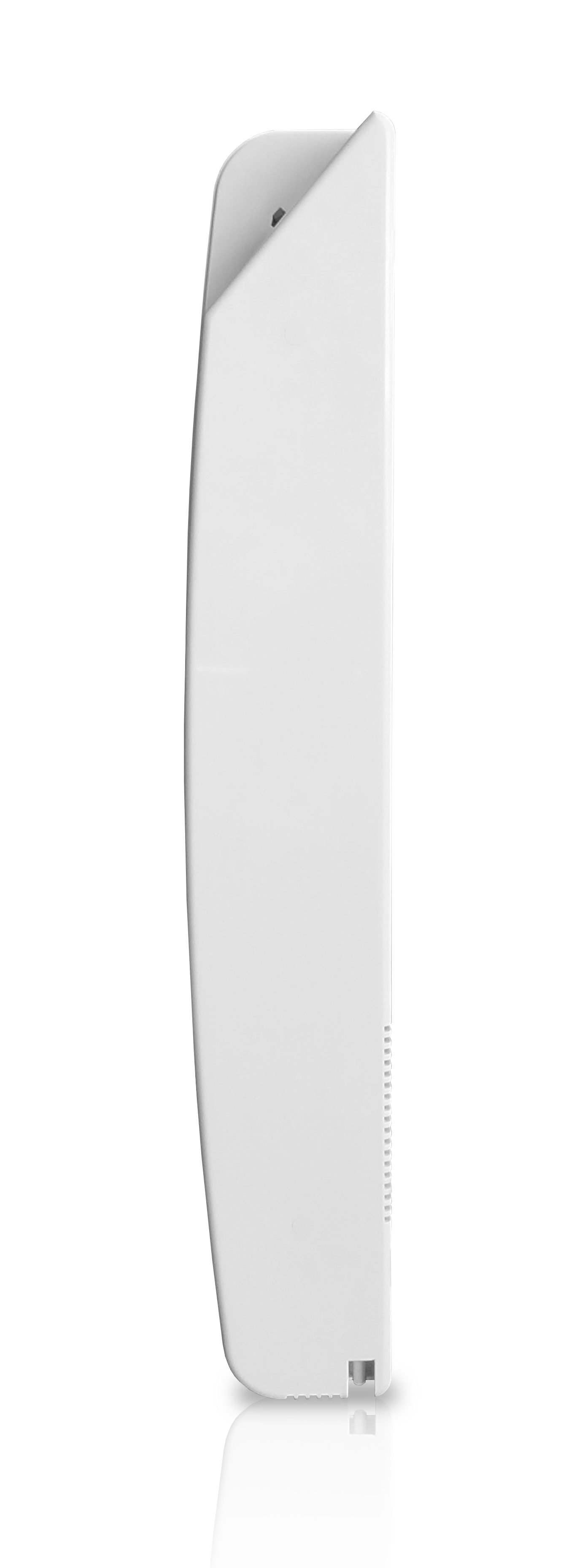 Dispositivo blanco, vista lateral, con diseño curvo y pequeña abertura superior.