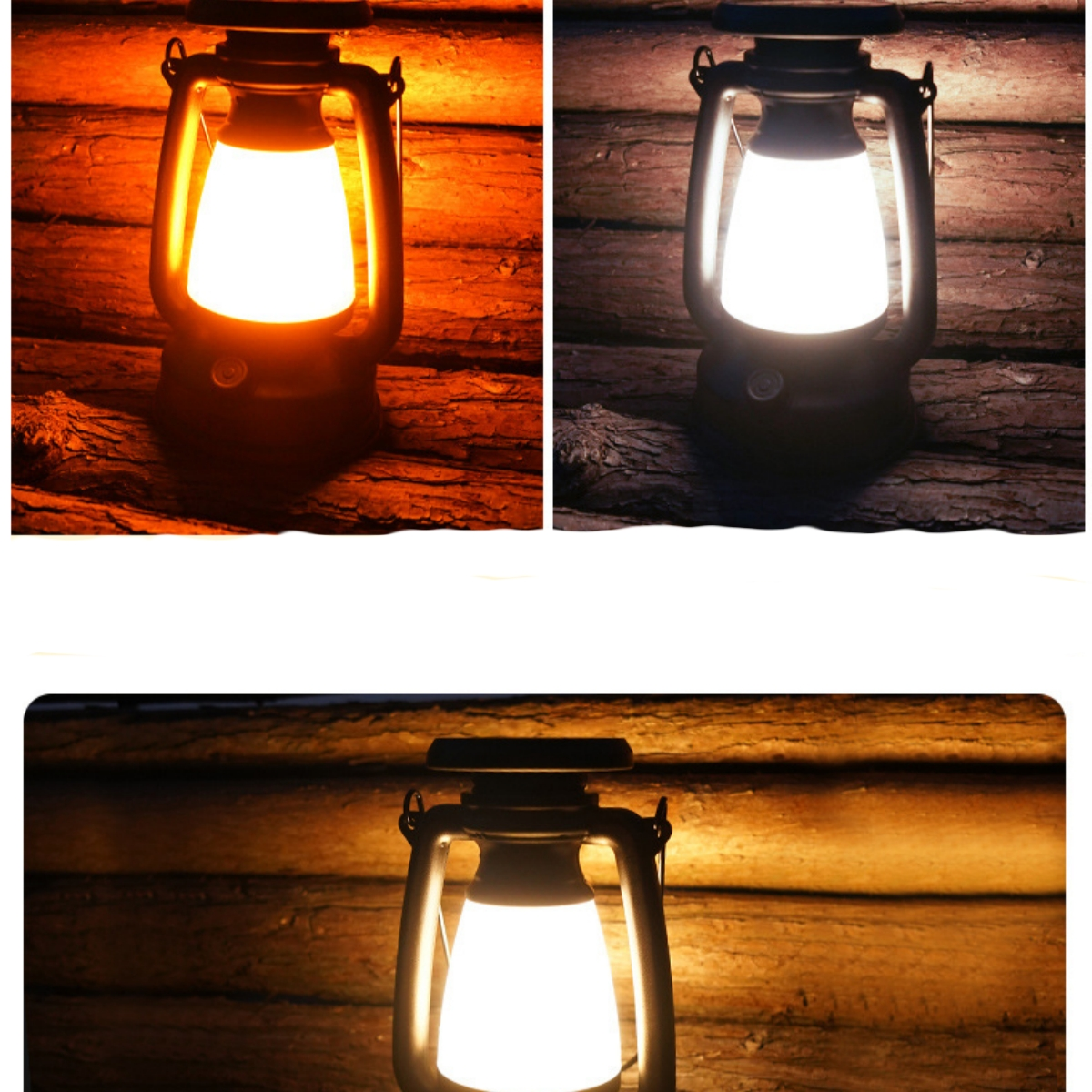 Drei Bilder einer Laterne mit hellem Licht. Der Hintergrund sind Holzplanken.