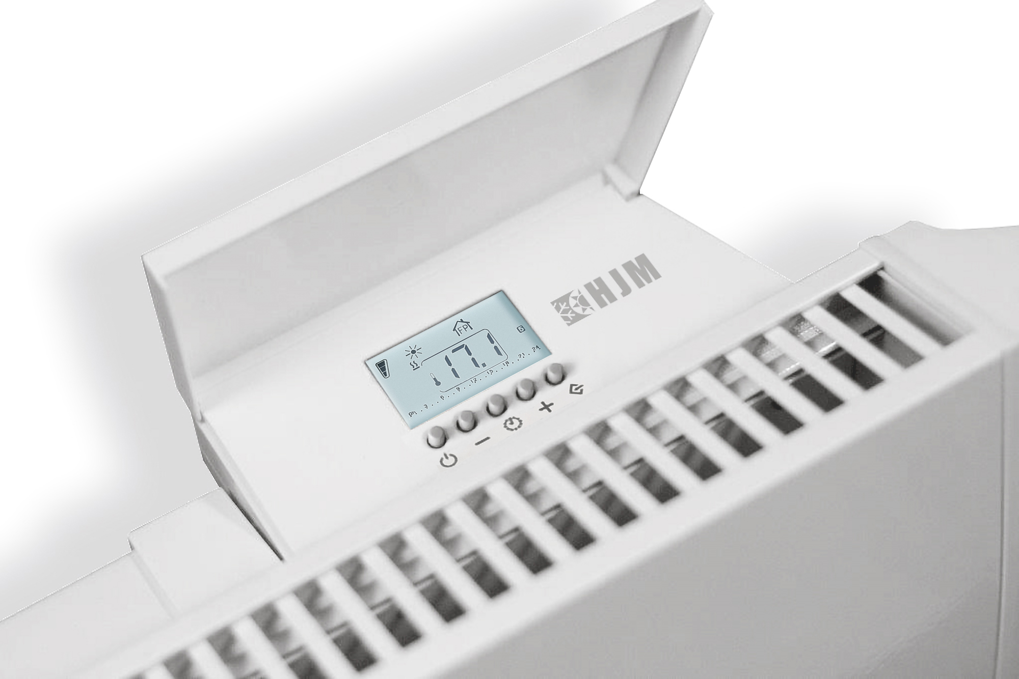 Un calefactor digital blanco con una pequeña pantalla que muestra ajustes y botones. Está sobre una superficie blanca.