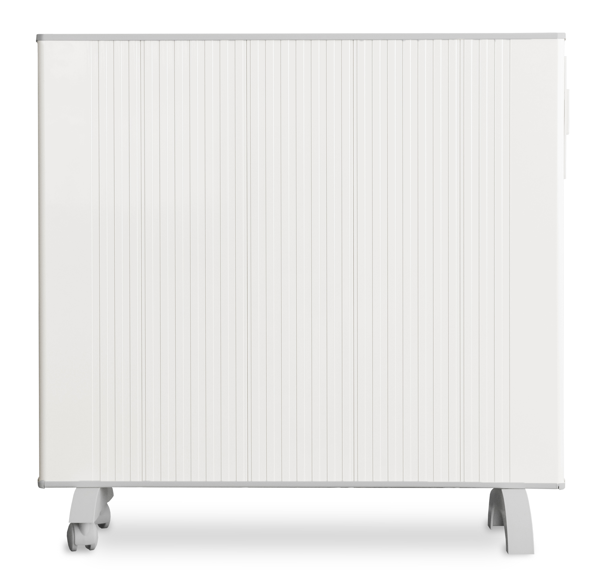 Calentador eléctrico blanco con lamas verticales y patas pequeñas.