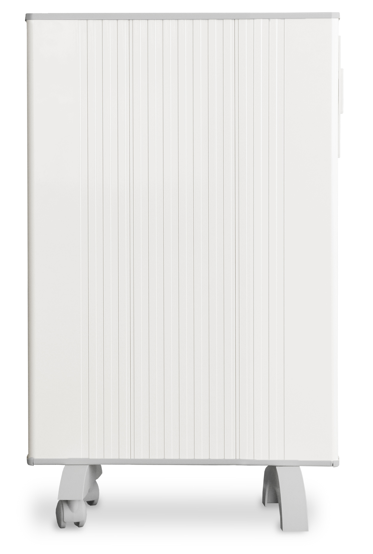 Calentador eléctrico blanco sobre ruedas.