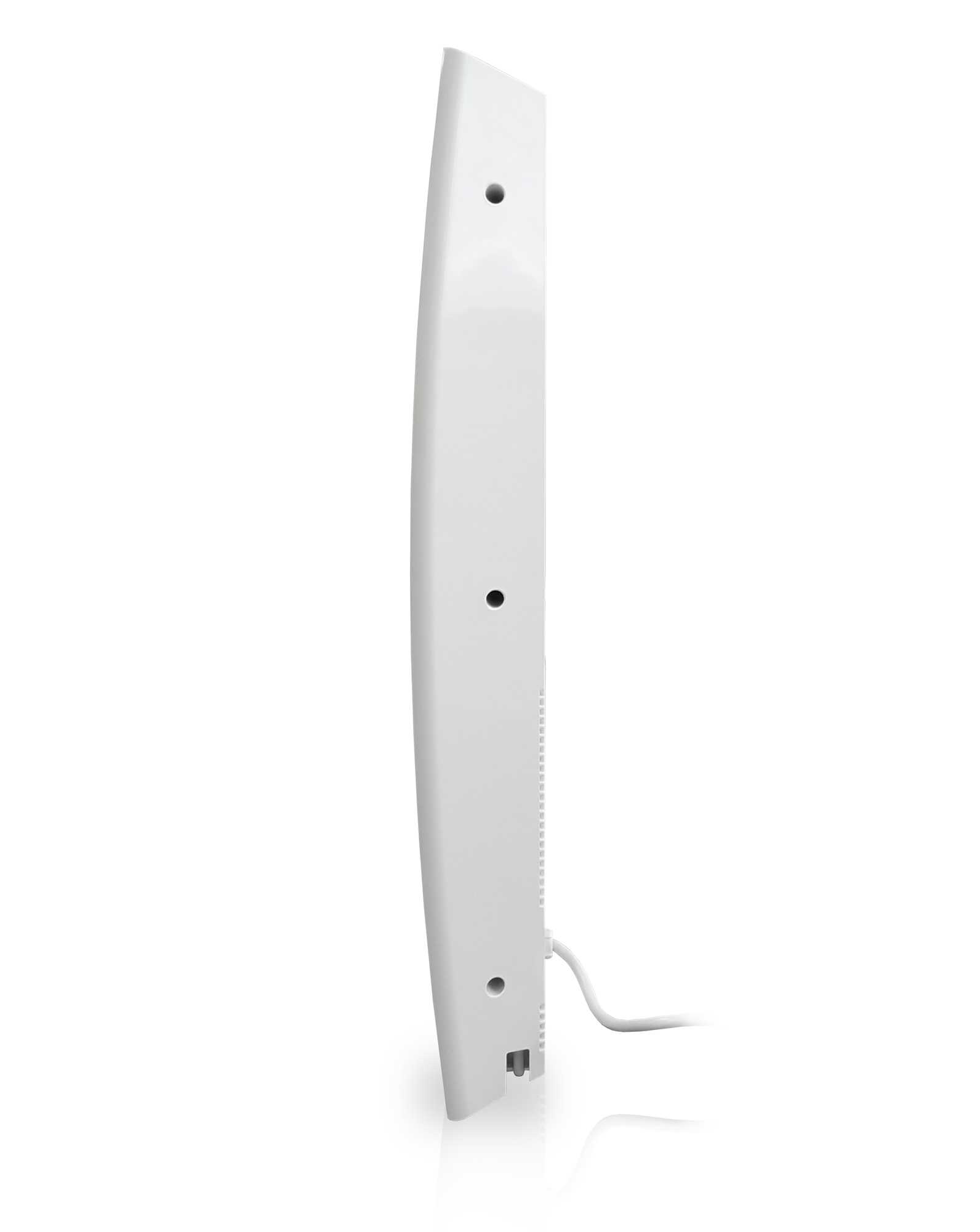 Un radiador vertical blanco y moderno. Tiene un diseño curvo y un cable en la base.