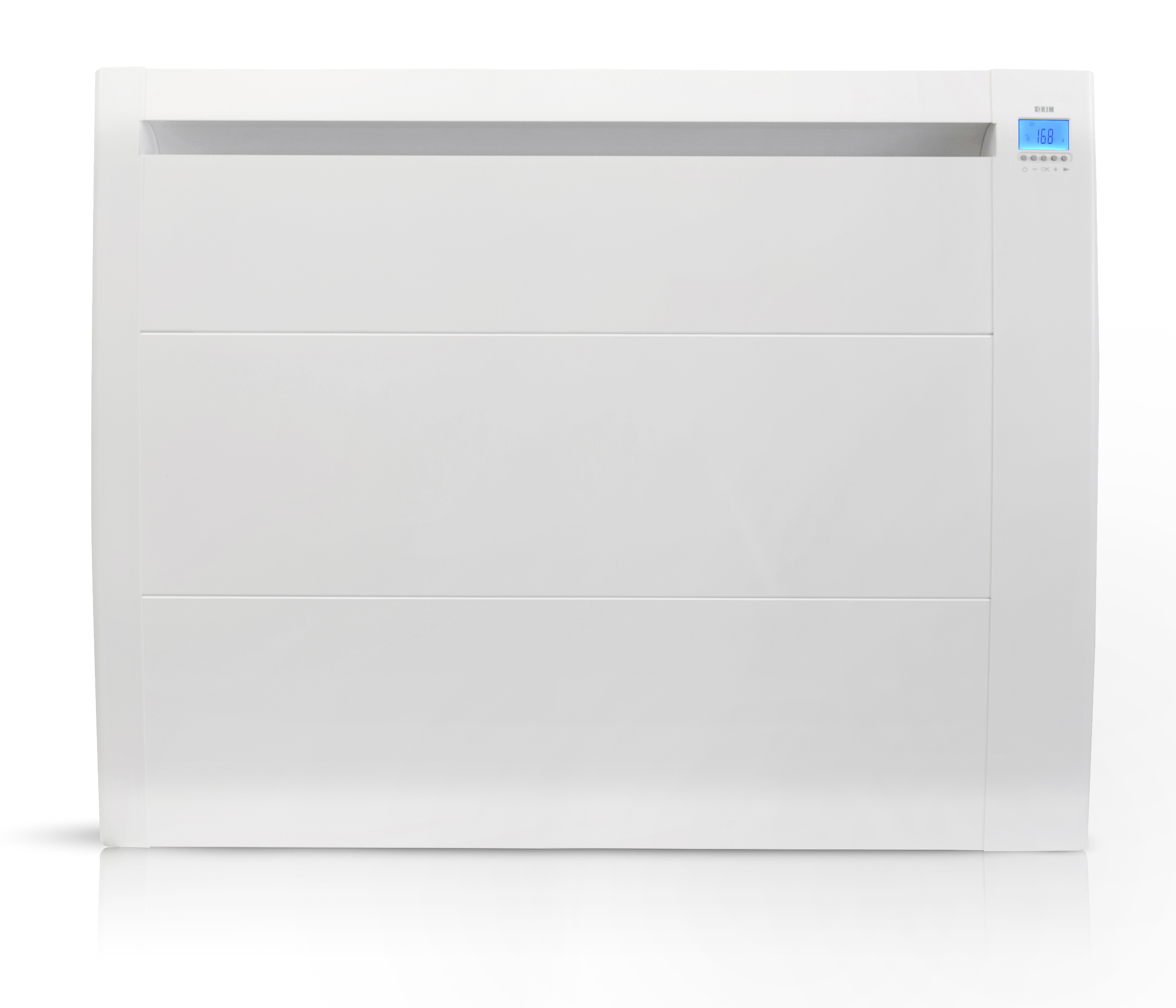 Un calefactor eléctrico blanco con una pantalla digital en el lado derecho.