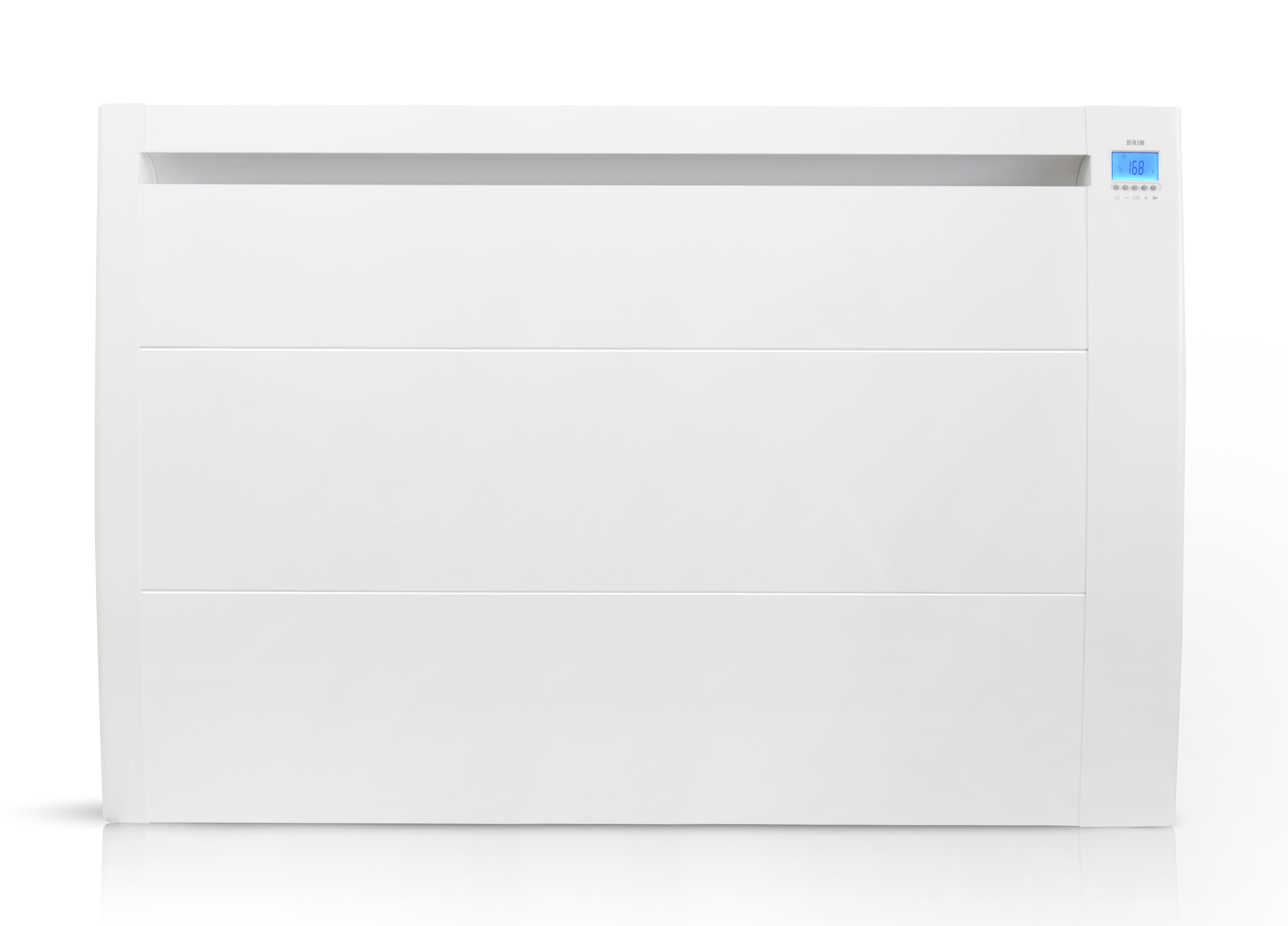 Un calentador eléctrico blanco con tres líneas horizontales sobre un fondo blanco.