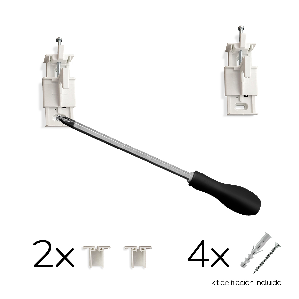 Dos soportes de pared blancos y un destornillador, con tornillos y tacos. Kit de fijación incluido.