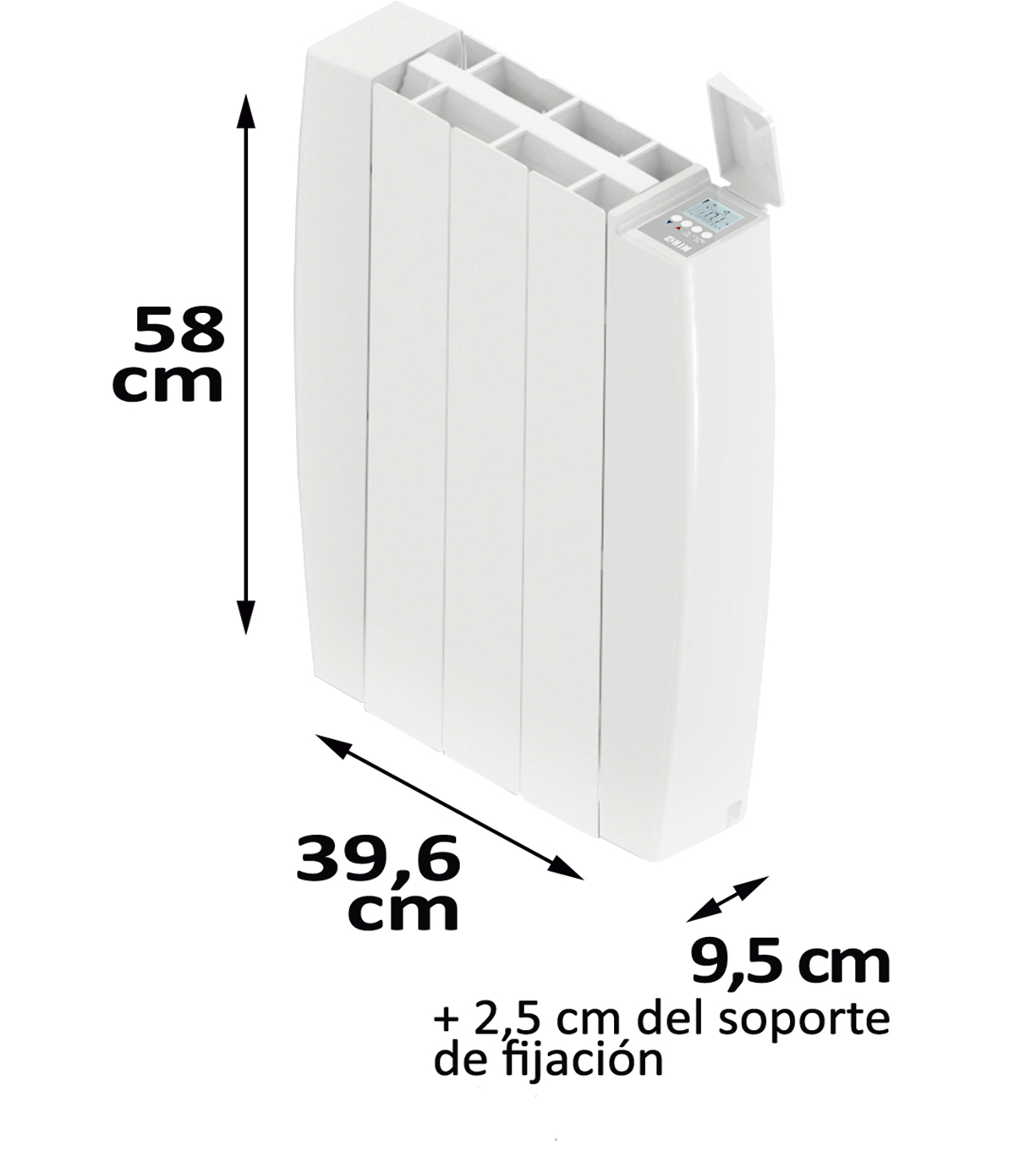 Radiador eléctrico blanco con dimensiones marcadas en centímetros, vista aislada.