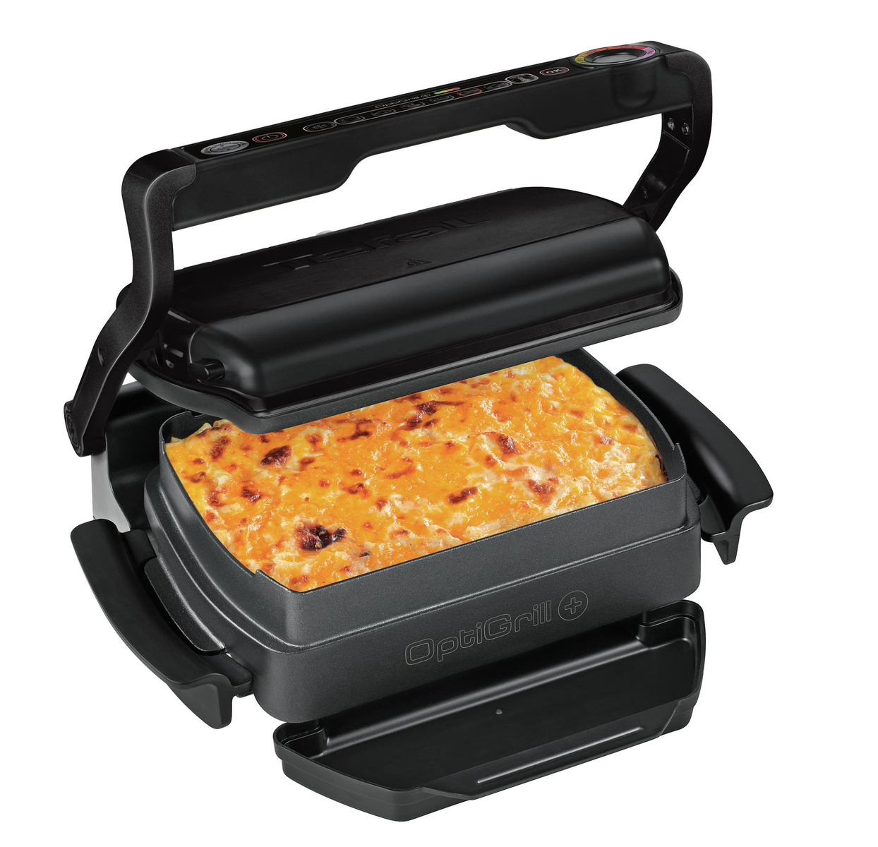Tefal OptiGrill nero con vassoio. Un vassoio contiene un piatto cotto, probabilmente lasagne.