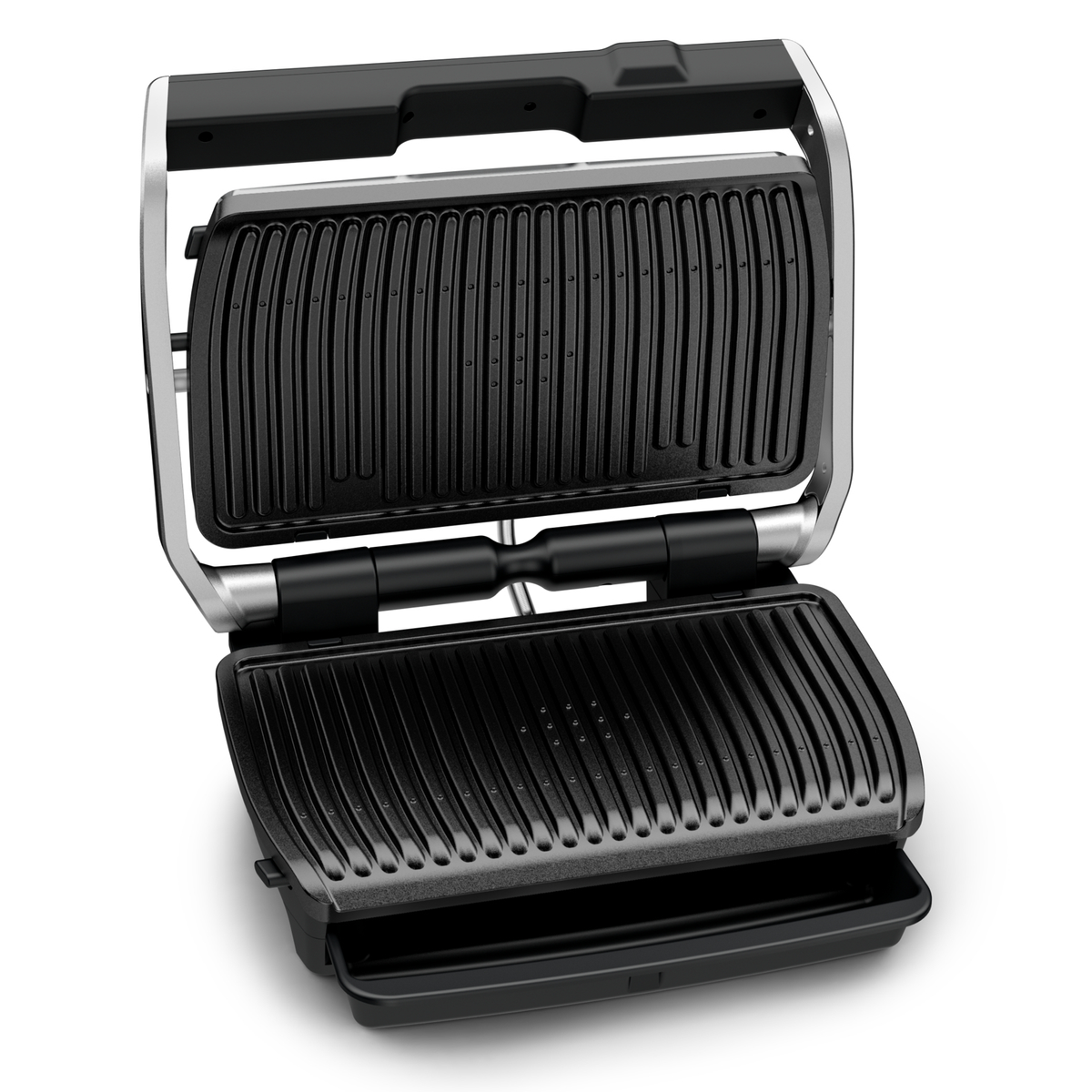 Offener schwarzer Grill mit silbernem Griff. Die oberen und unteren Platten haben Grillspuren. Leere Tropfschale.