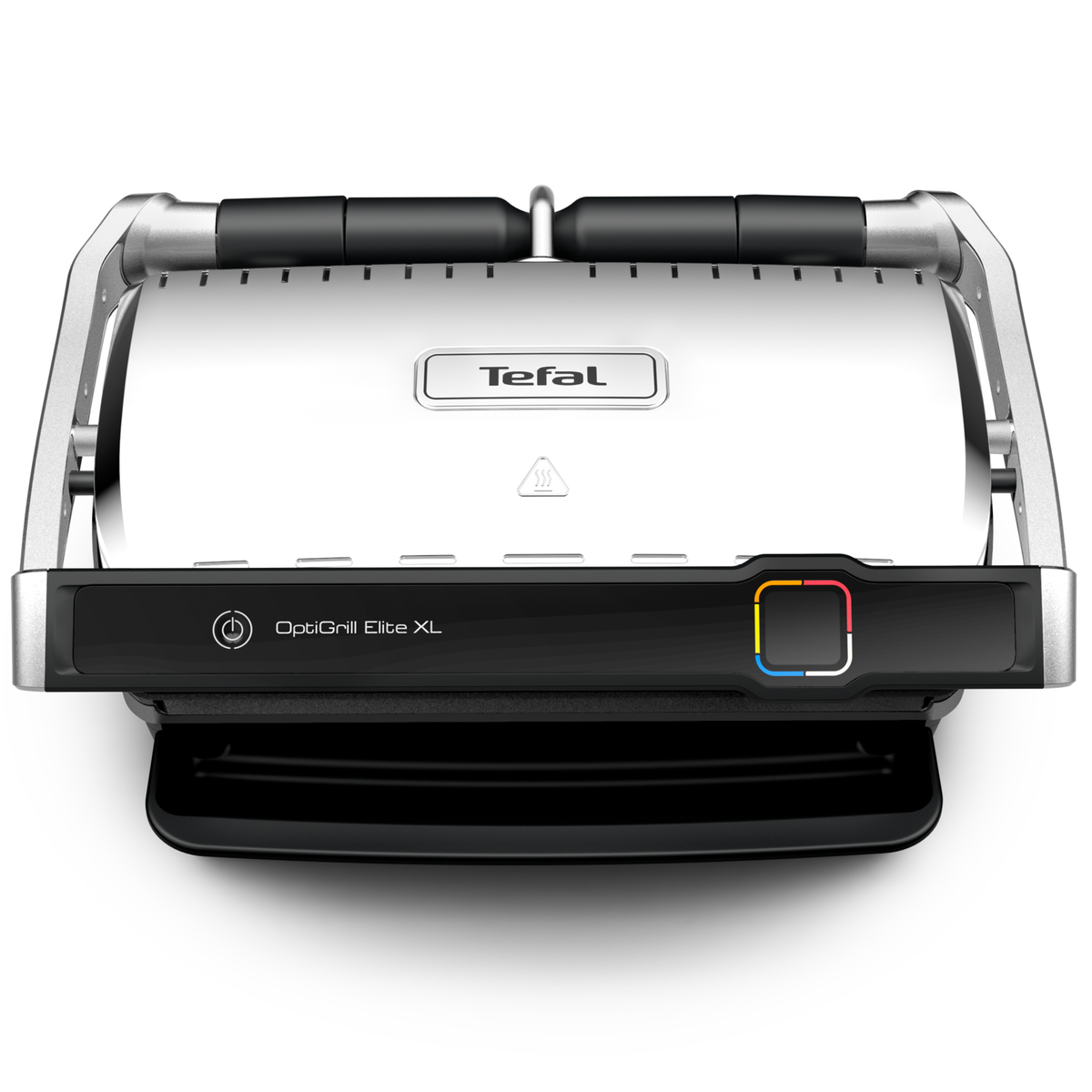 Draufsicht auf Tefal OptiGrill Elite XL. Schwarz und Silber.
