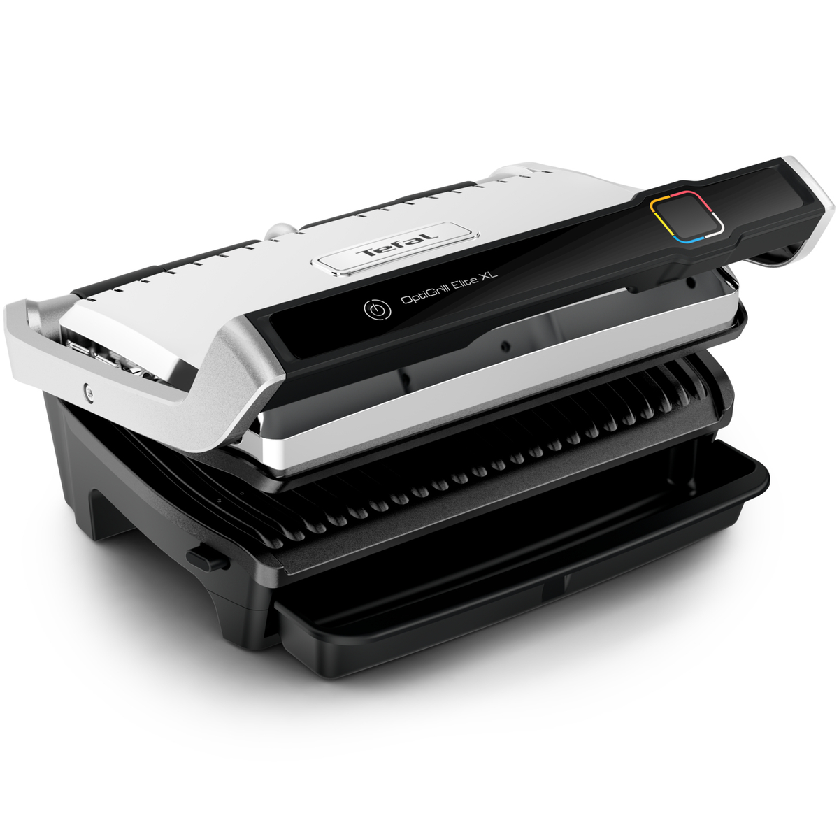 Weißer und silberner Tefal OptiGrill Elite XL. Der Grill ist offen, mit leerer Tropfschale. Geschlossen.