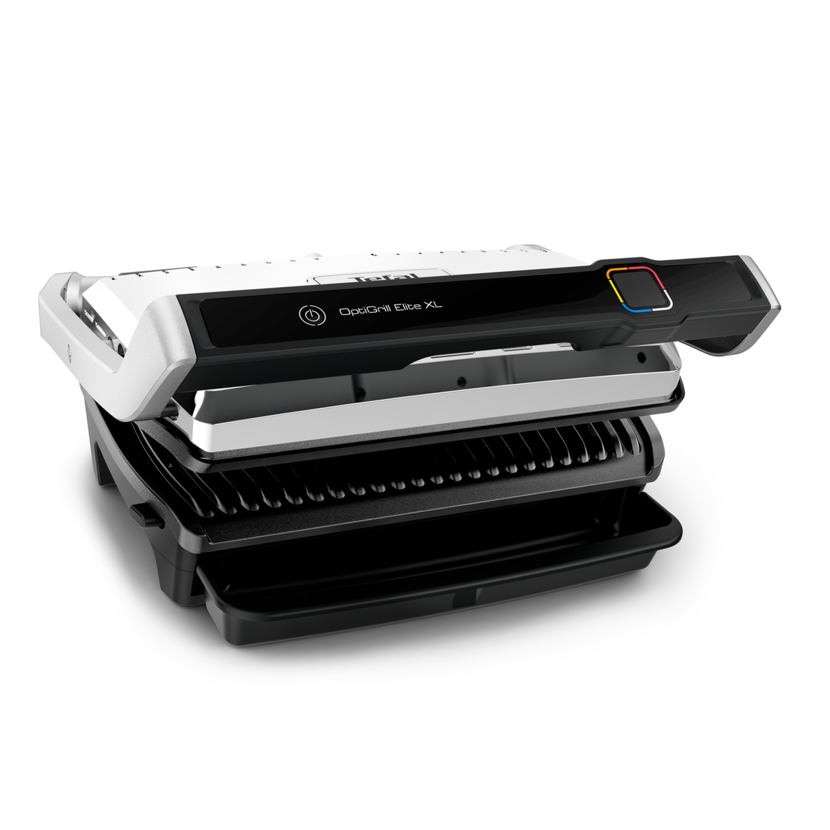Schwarz-weißer Tefal OptiGrill Elite XL. Deckel leicht geöffnet. Schwarze Ablage unten. Weißer Hintergrund.