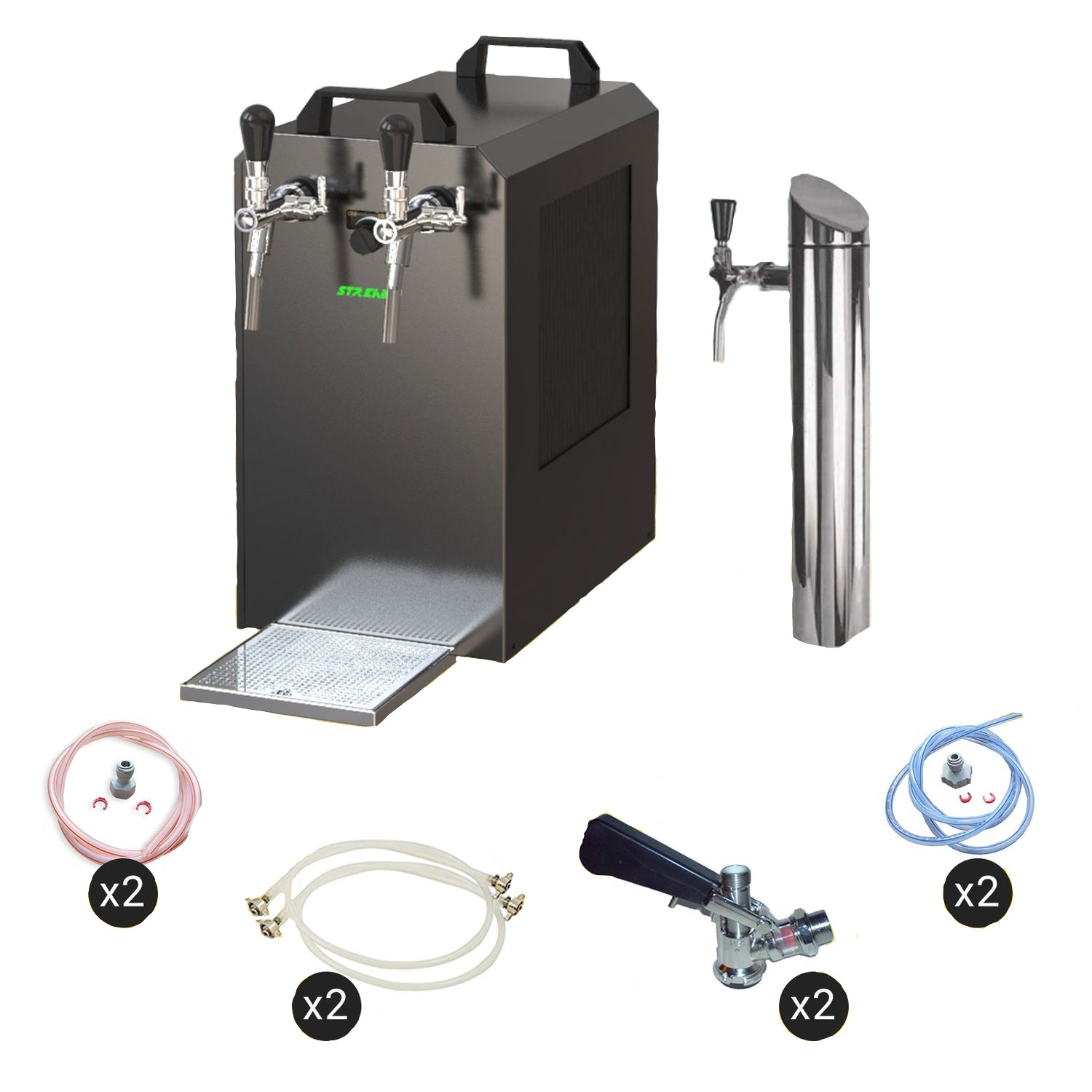 Een zwart biertapsysteem met twee kranen en accessoires. Er zijn slangen en andere componenten.