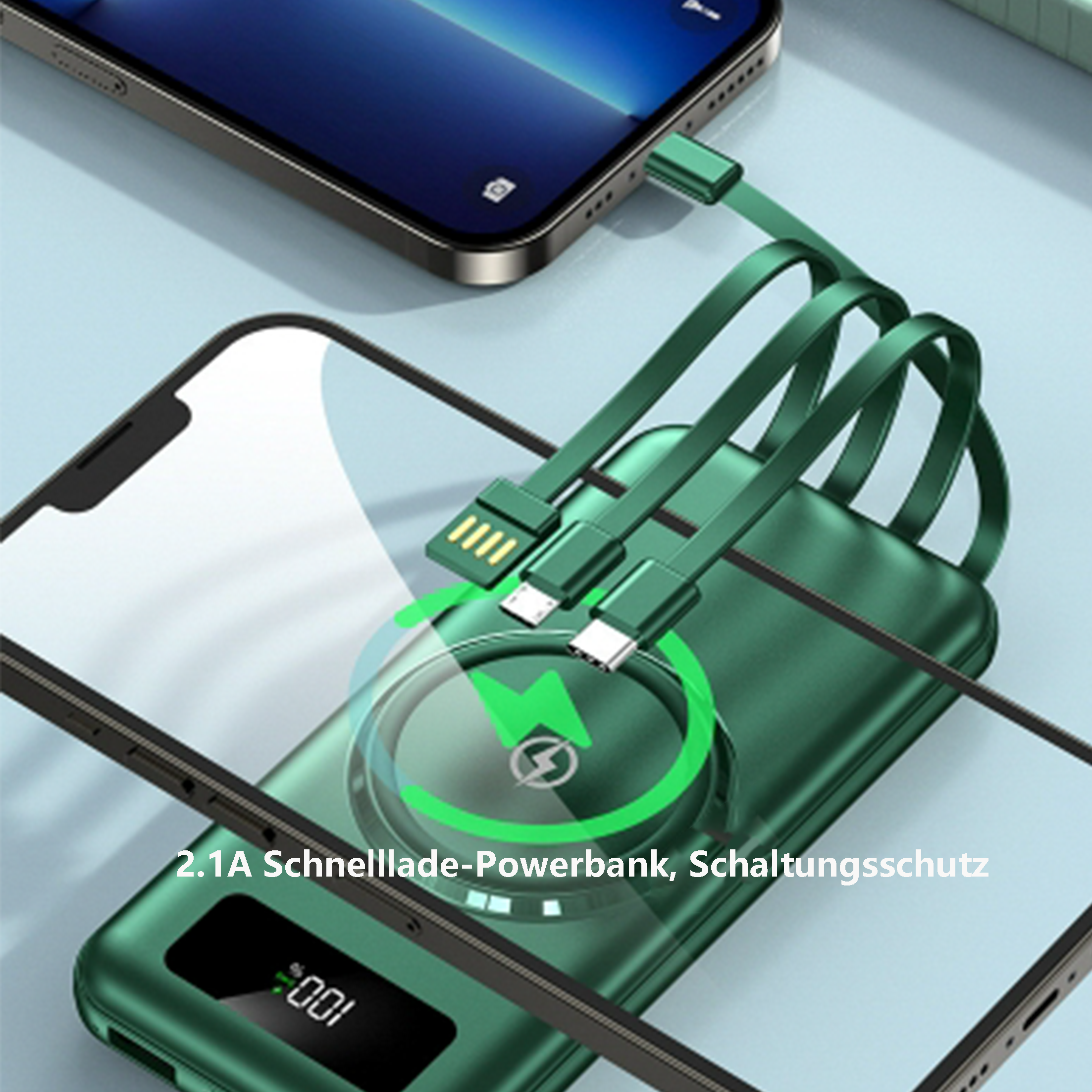 Grüne Powerbank mit Kabeln an Telefonen. Ladeanzeige sichtbar.