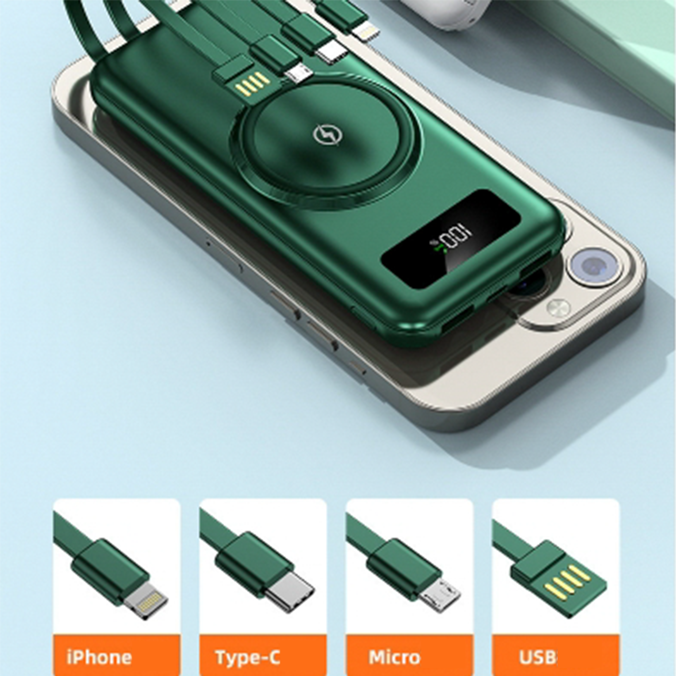 Grüne Powerbank mit angeschlossenen Kabeln, iPhone, Typ-C, Micro und USB-Anschlüssen.