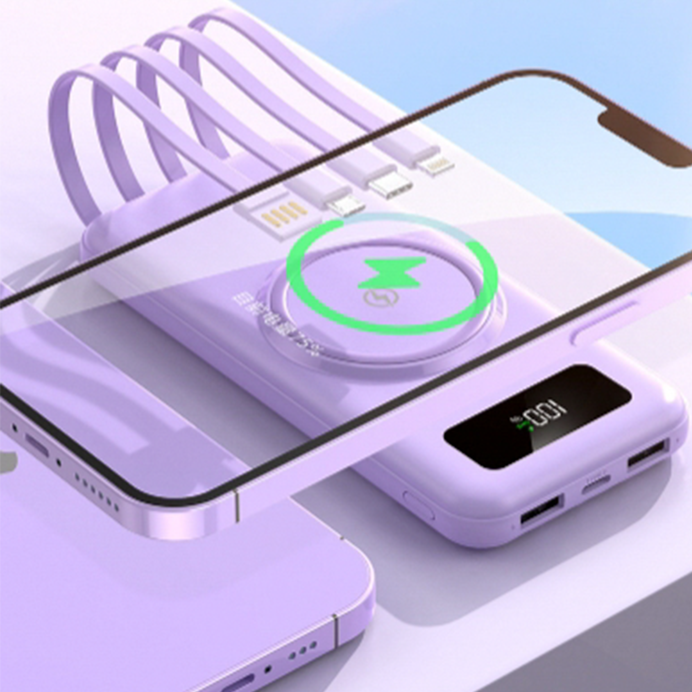 Eine lila Powerbank mit Ladekabeln und einem Telefon, mit einem Ladesymbol.