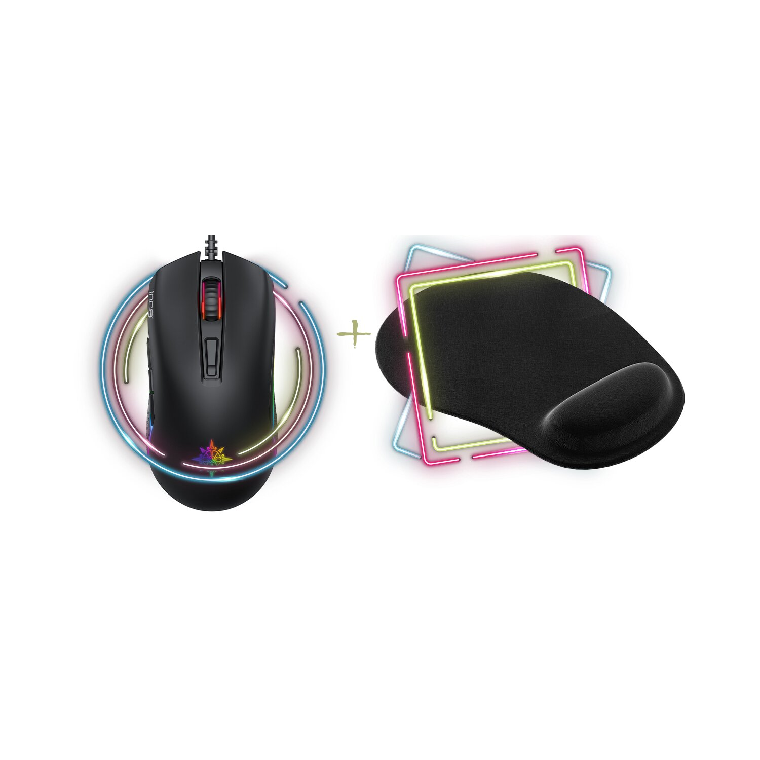 Eine schwarze Gaming-Maus mit Mauspad, beide mit Neonlichtern umrandet.