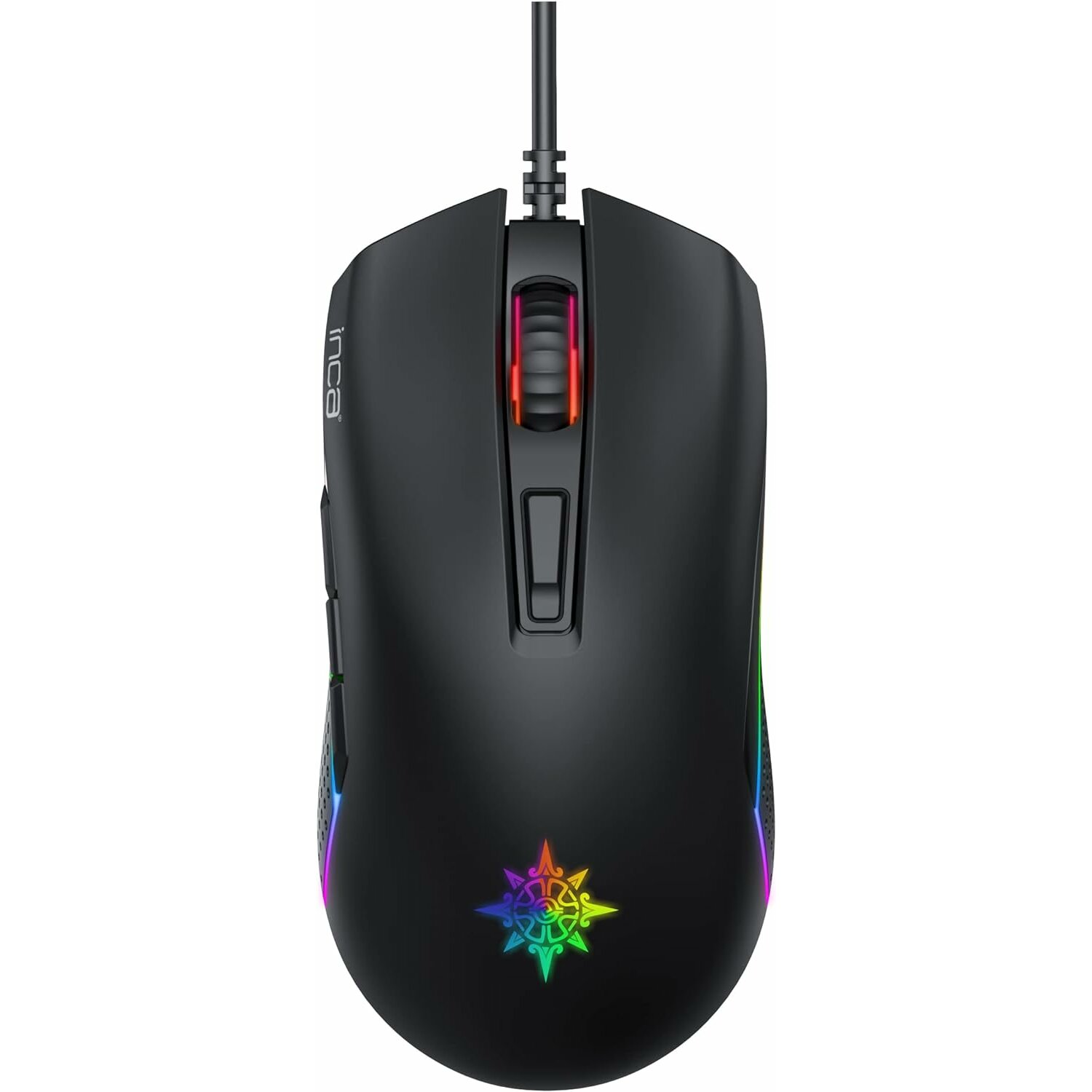 Eine schwarze Gaming-Maus mit farbiger Beleuchtung, Logo und Tasten. Sie hat ein langes Kabel.