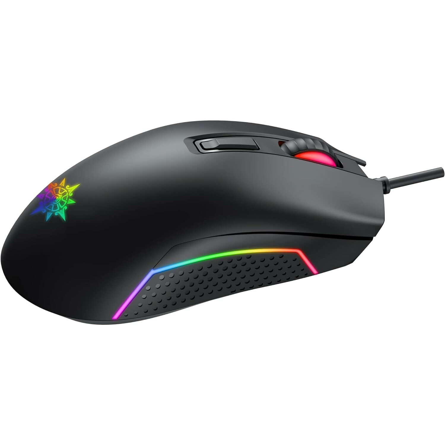 Eine schwarze Gaming-Maus mit RGB-Beleuchtung, mit farbenfrohem Logo und Design.