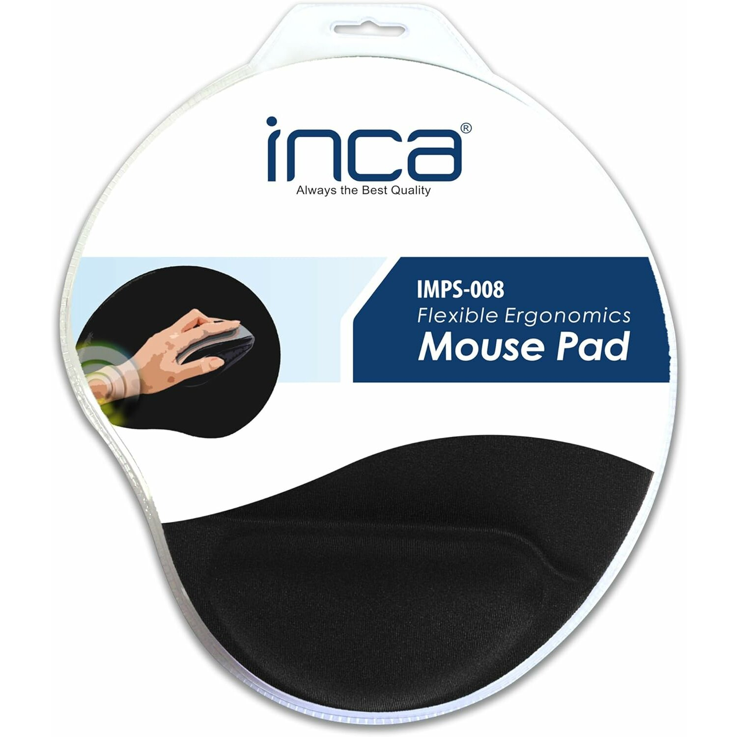 Mauspad in Verpackung, mit Hand, die eine Maus hält. Schwarzes Pad mit Handgelenkstütze.