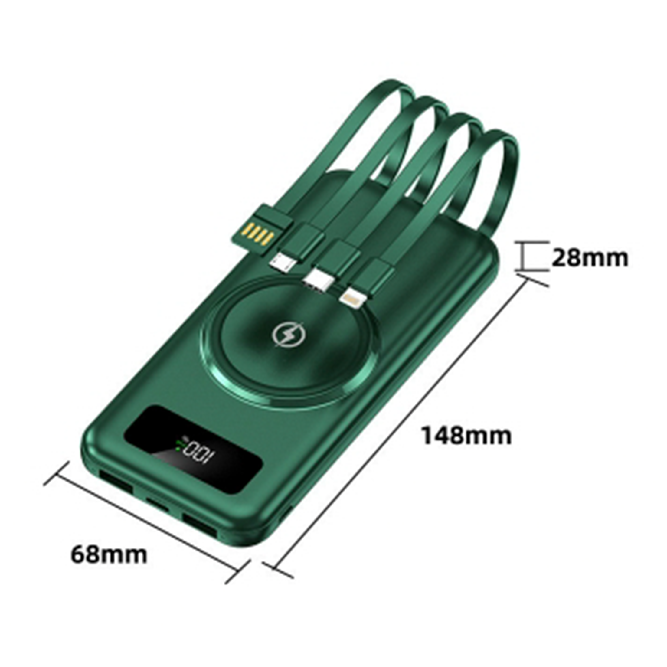 Grüne Powerbank mit Kabeln, Abmessungen gezeigt. Die Powerbank hat ein Ladepad und ein LCD-Display.