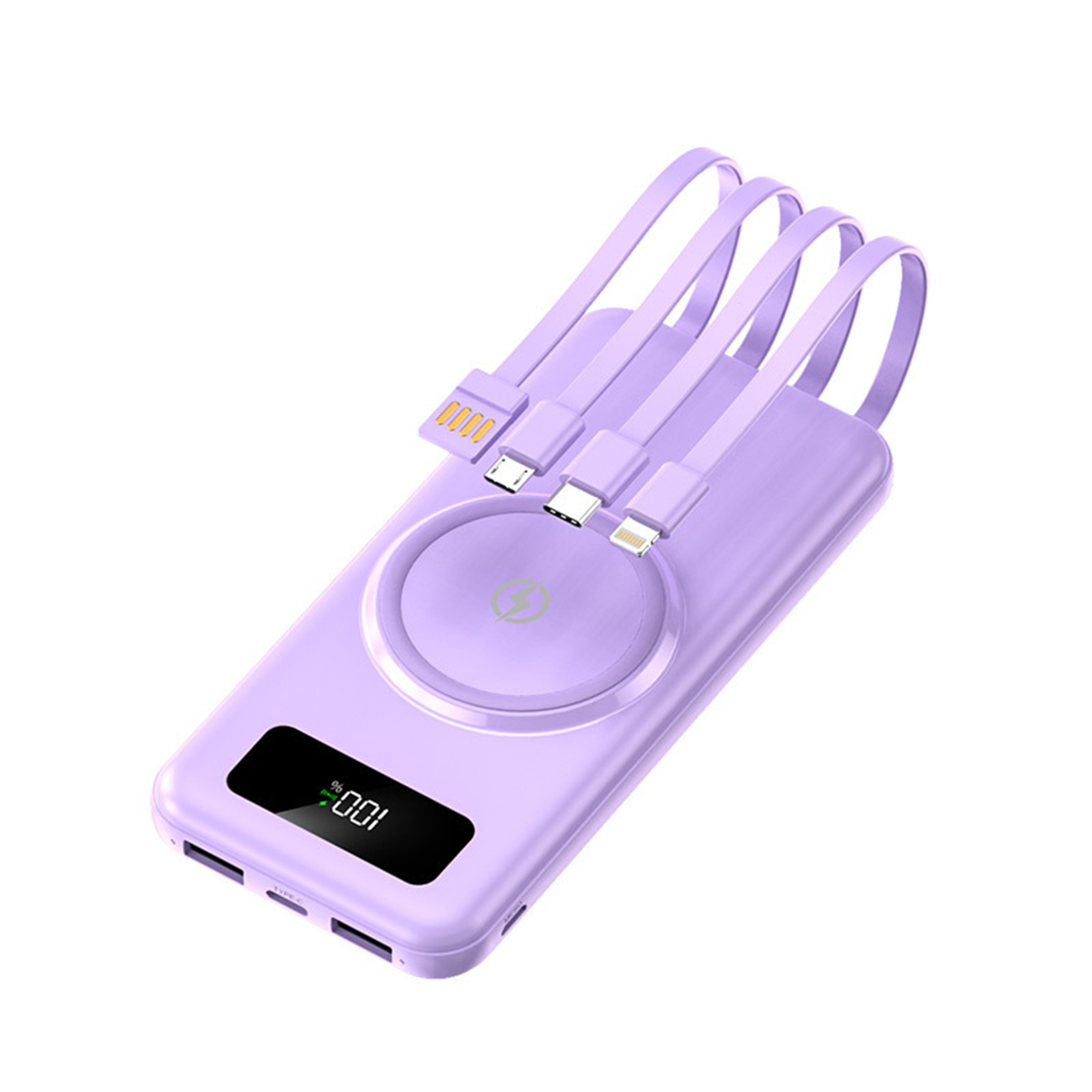Eine lila Powerbank mit mehreren Ladekabeln und einem Digitaldisplay, das 100 % Ladung anzeigt.