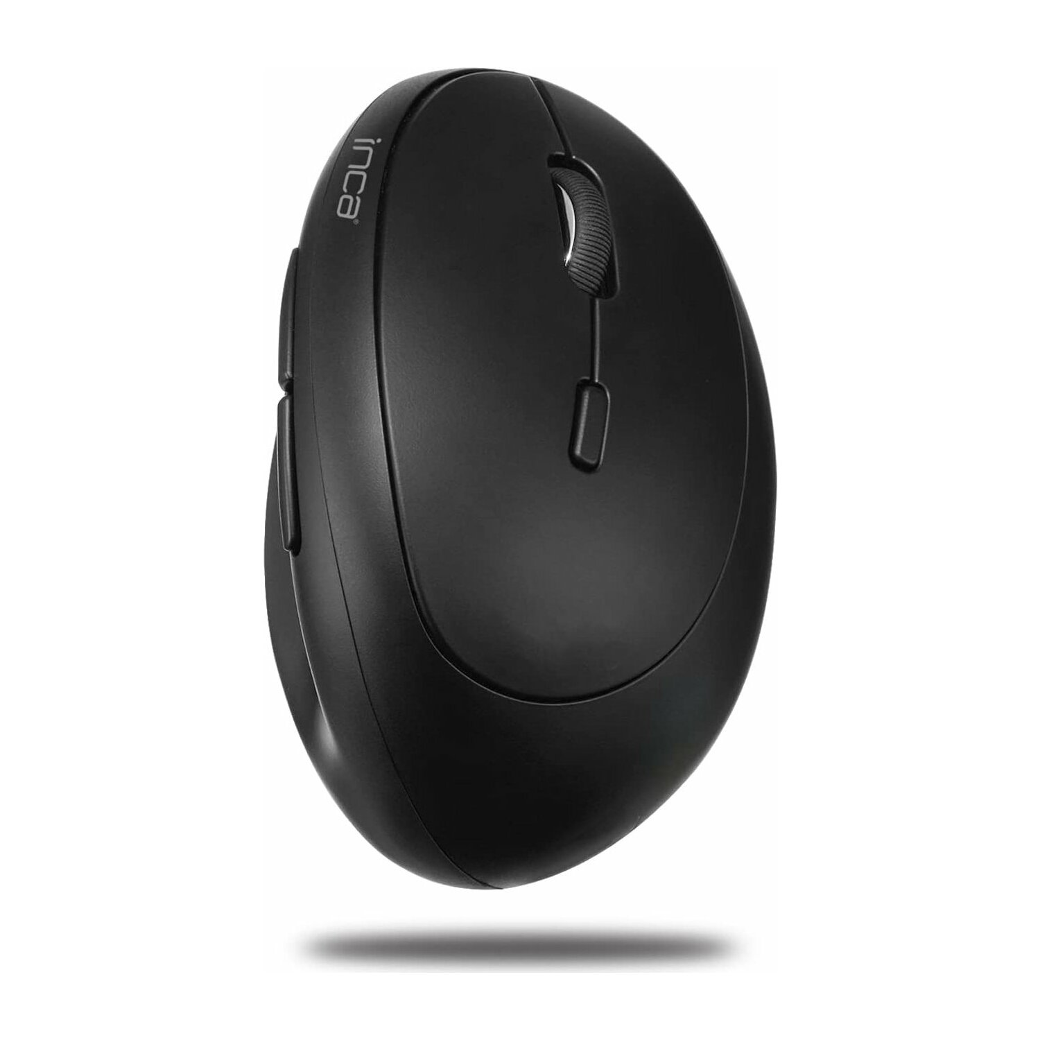 Schwarze ergonomische Inca-Maus. Zwei Tasten links, Scrollrad oben.