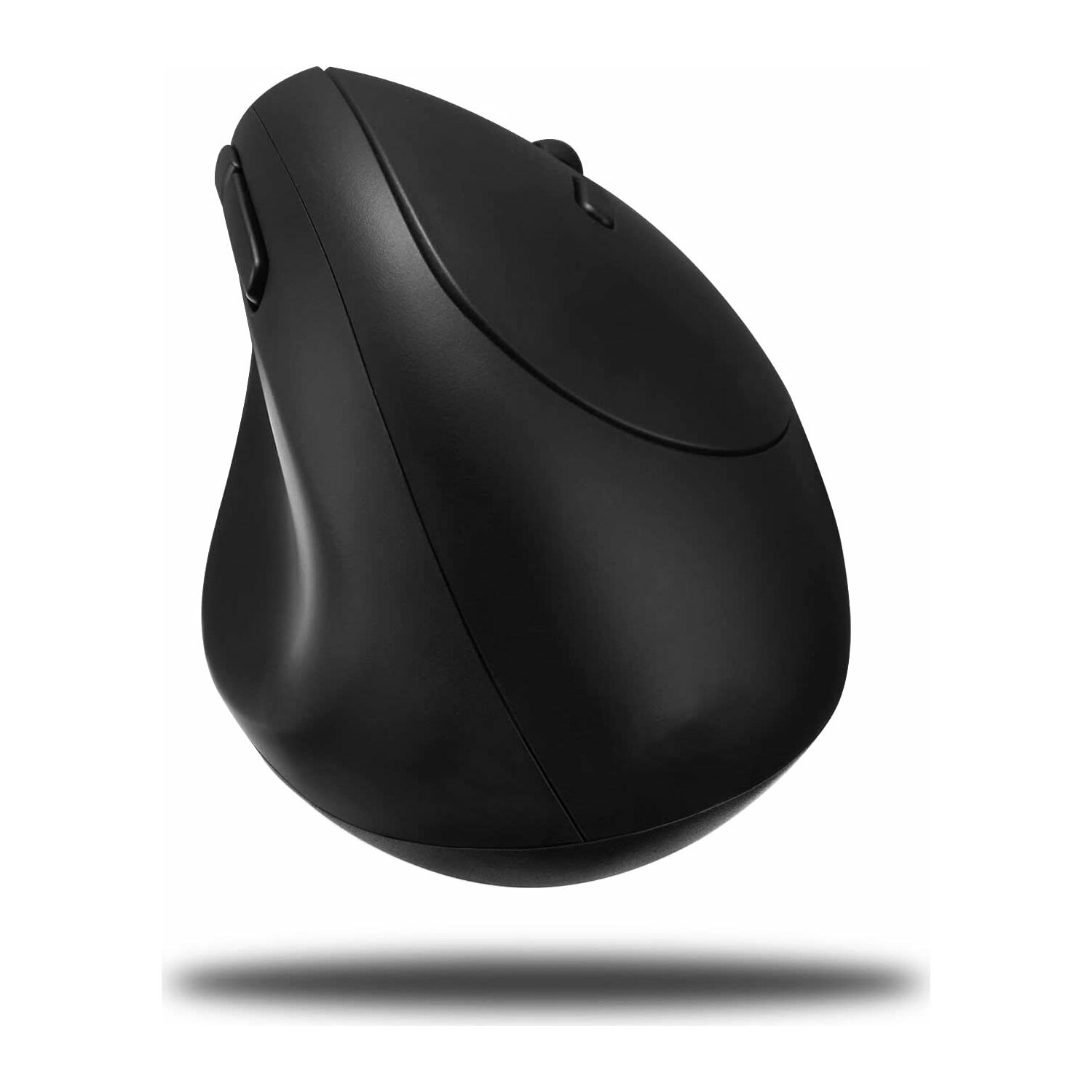Schwarze ergonomische Maus. Sie hat eine gebogene Form und zwei Tasten an der Seite.