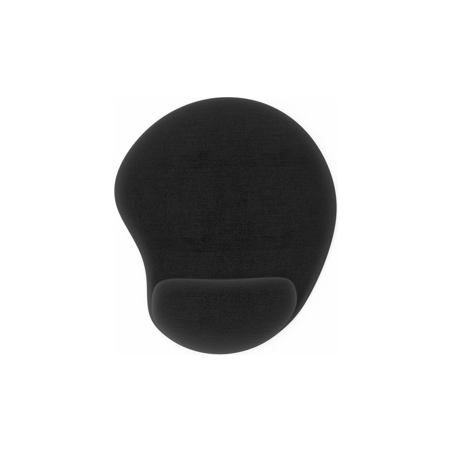Schwarzes ergonomisches Mauspad mit Gel-Handgelenkstütze. Es ist oval geformt.