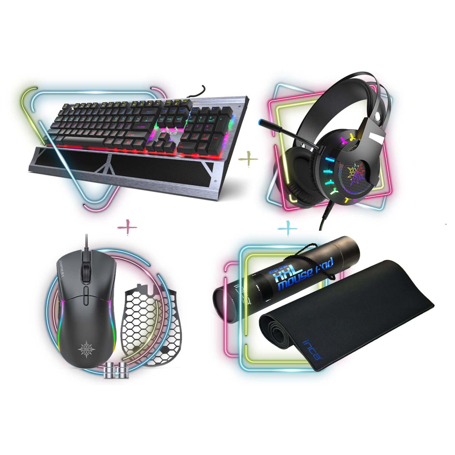 INCA 4 in 1 Combo und Maus, Tastatur, Schwarz Mauspad, aus Mauspad Kopfhörer Headset, und