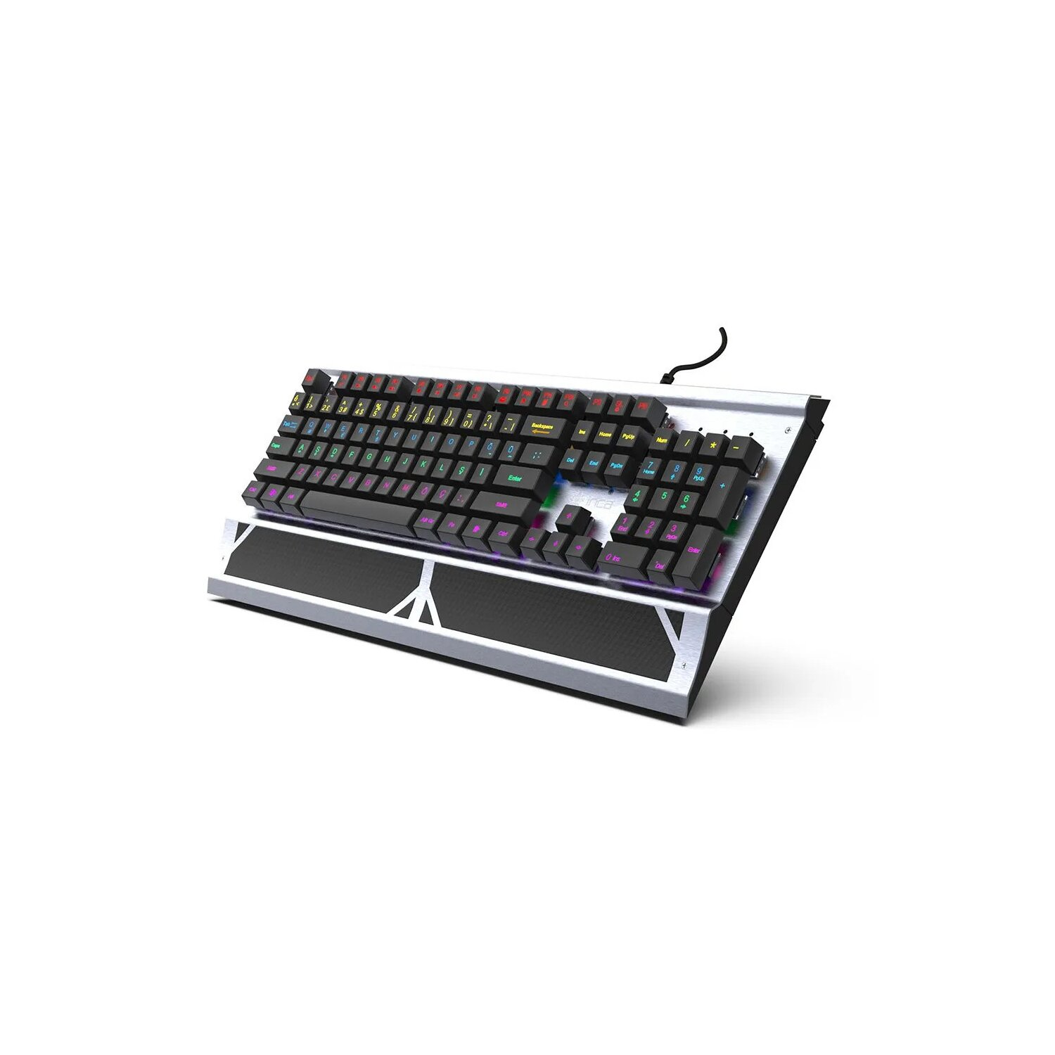 Eine schwarz-silberne mechanische Tastatur auf weißem Hintergrund, nach oben rechts geneigt.