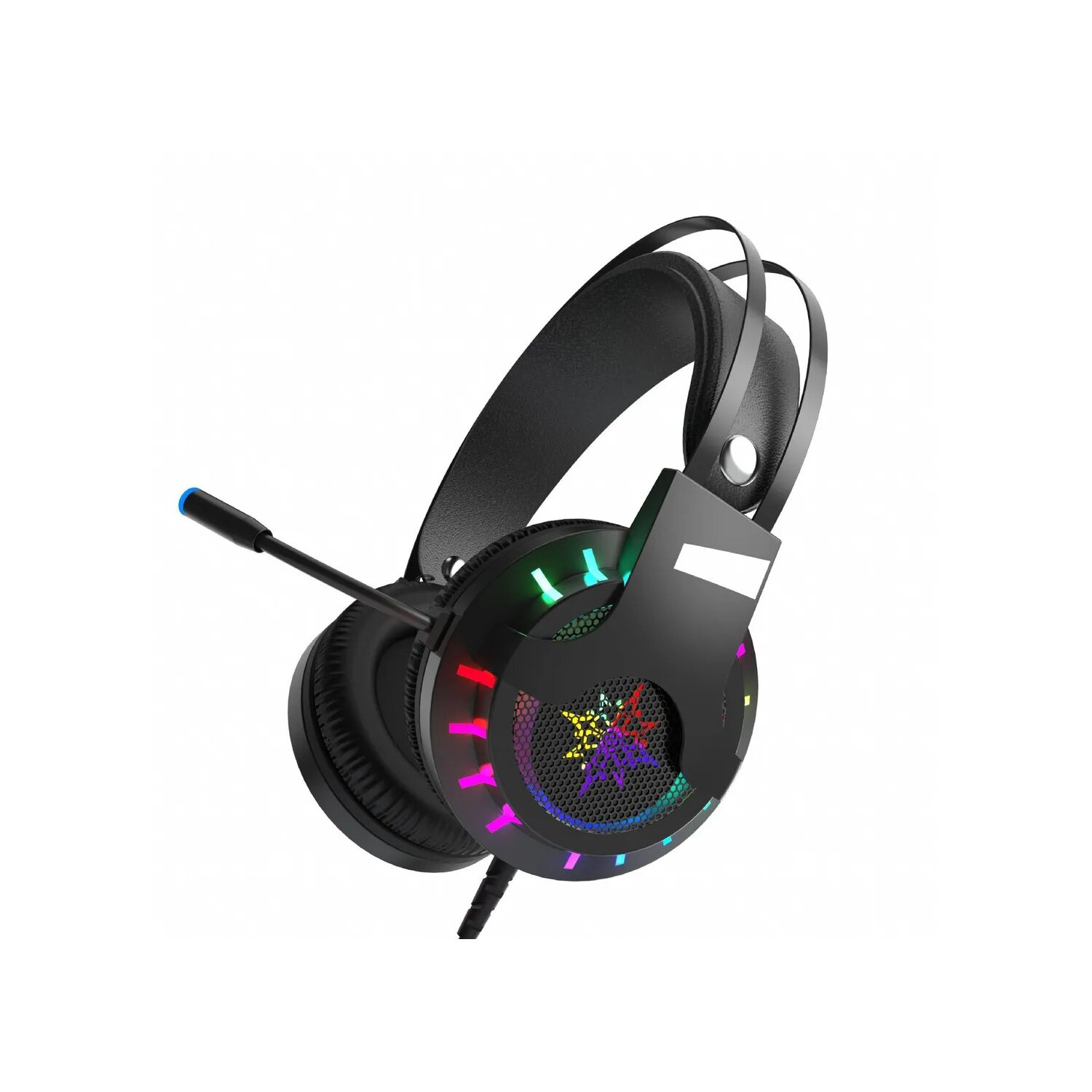 Schwarze Gaming-Kopfhörer mit farbenfroher RGB-Beleuchtung an den Ohrmuscheln. Ein Mikrofon ragt aus der linken Ohrmuschel heraus.
