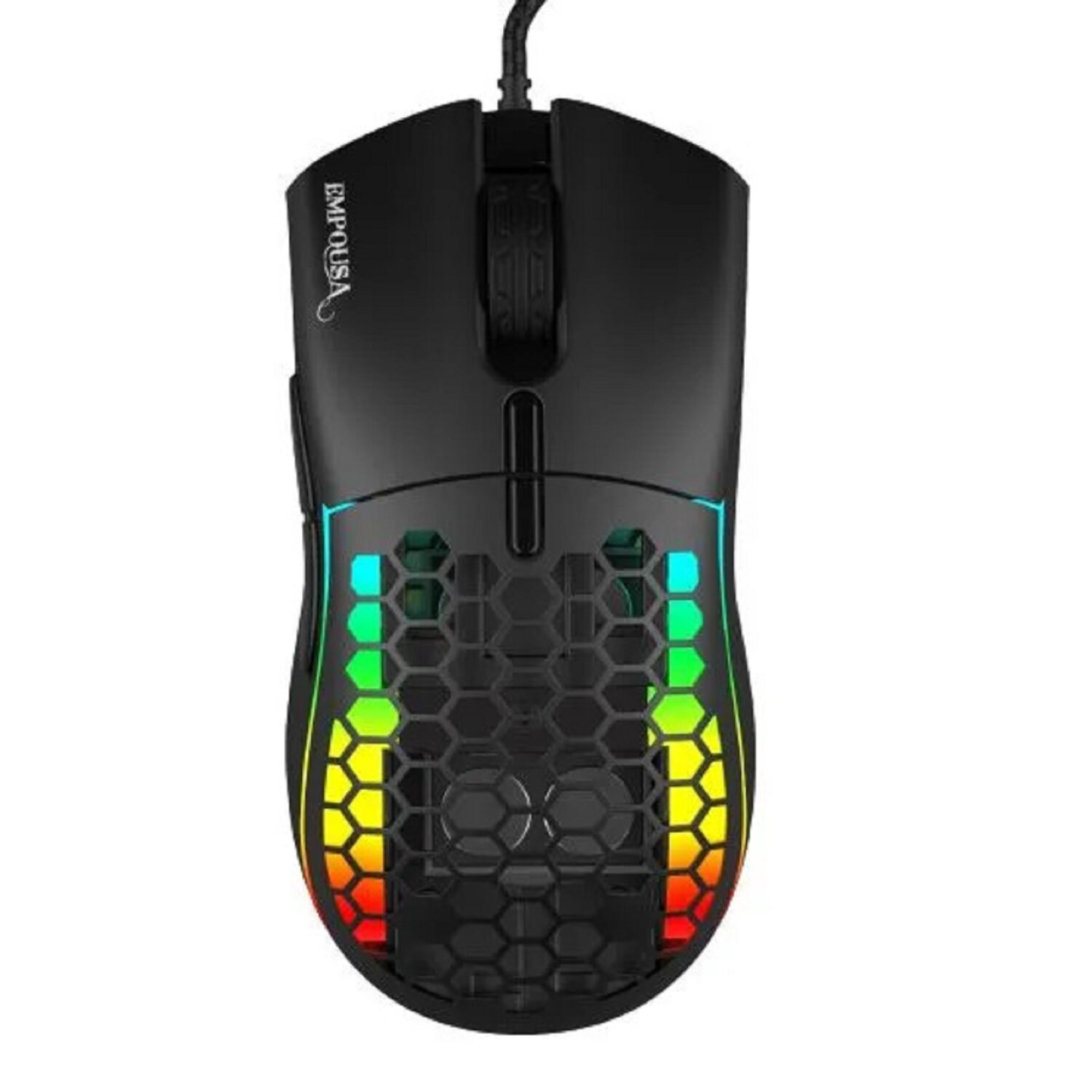 Schwarze Gaming-Maus mit Wabenmuster und farbigen Lichtern.