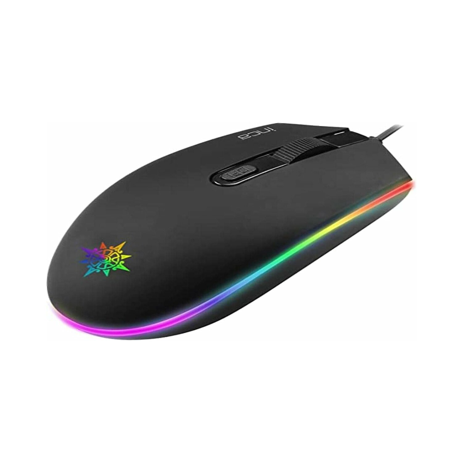Eine schwarze Gaming-Maus mit Regenbogenlicht. Die Maus hat ein Scrollrad und Seitentasten.