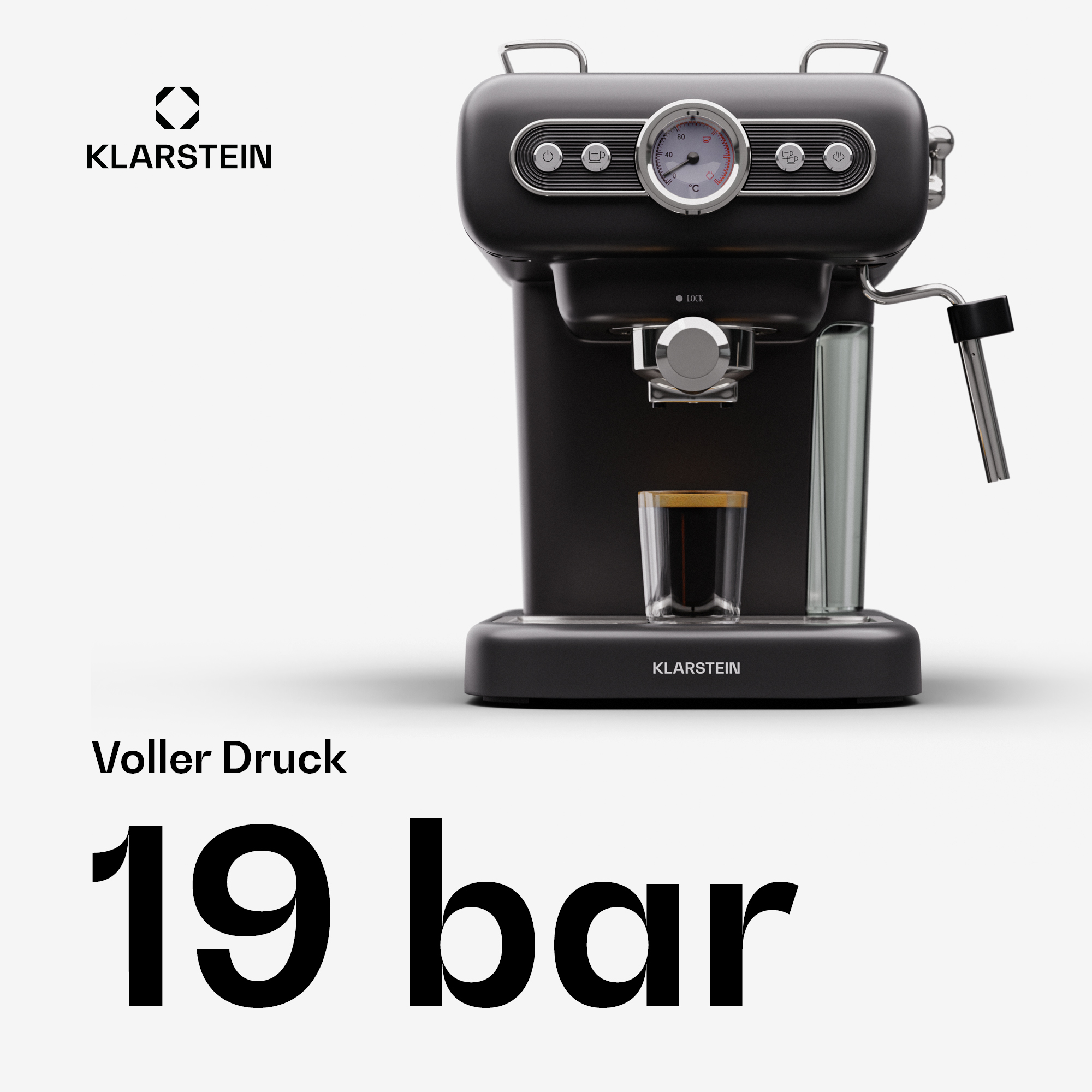 MACCHINA CAFFÈ MANUALE KLARSTEIN 10045424, Compatibile con Caffè macinato, Pressione pompa 19 bar, Potenza 950 W, Serbatoio acqua 1,2 l, Nero