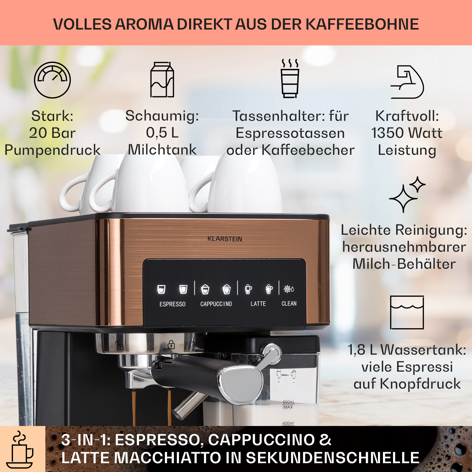 Macchina per caffè espresso con frontale in rame. Dettagli: pressione, serbatoio latte e acqua.