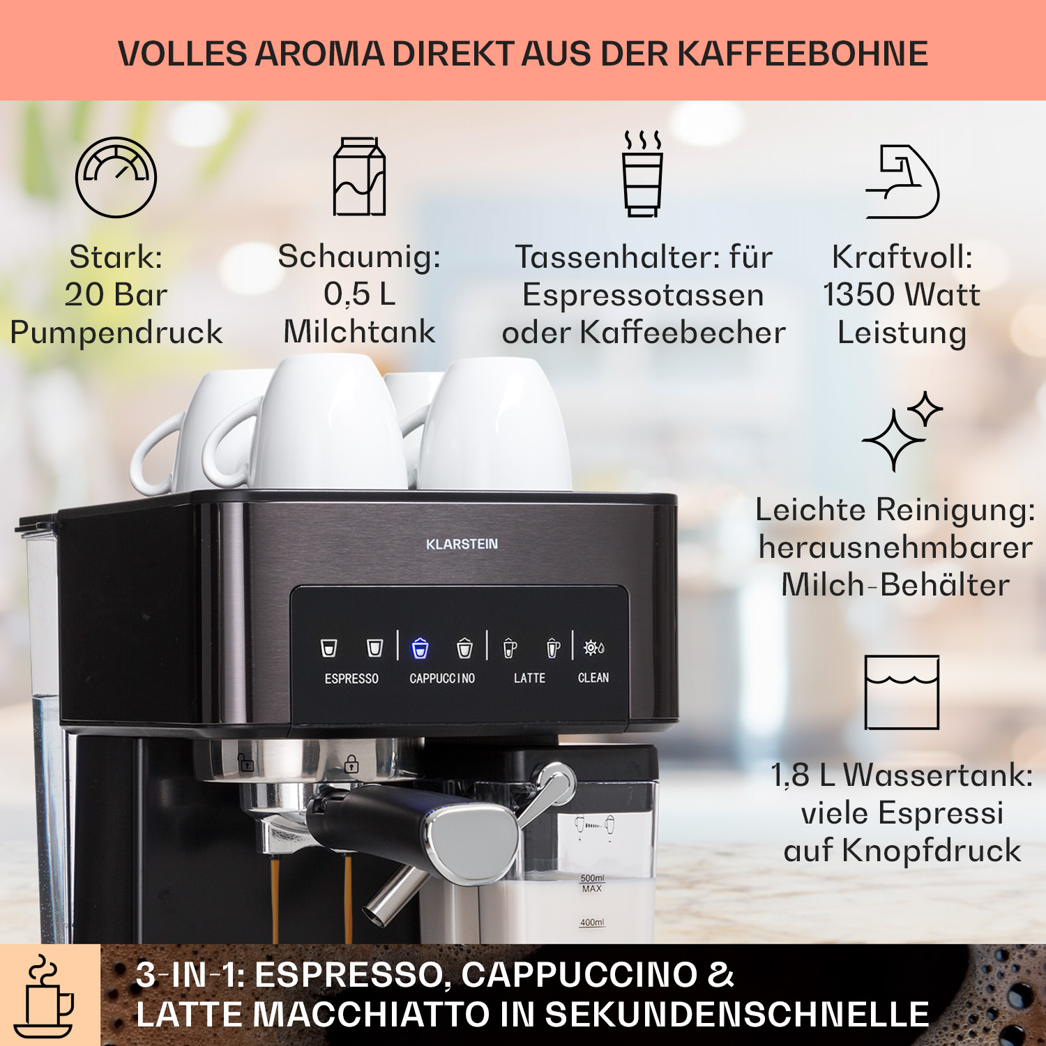 Una cafetera con etiquetas de texto que resaltan las características y los aspectos de rendimiento.