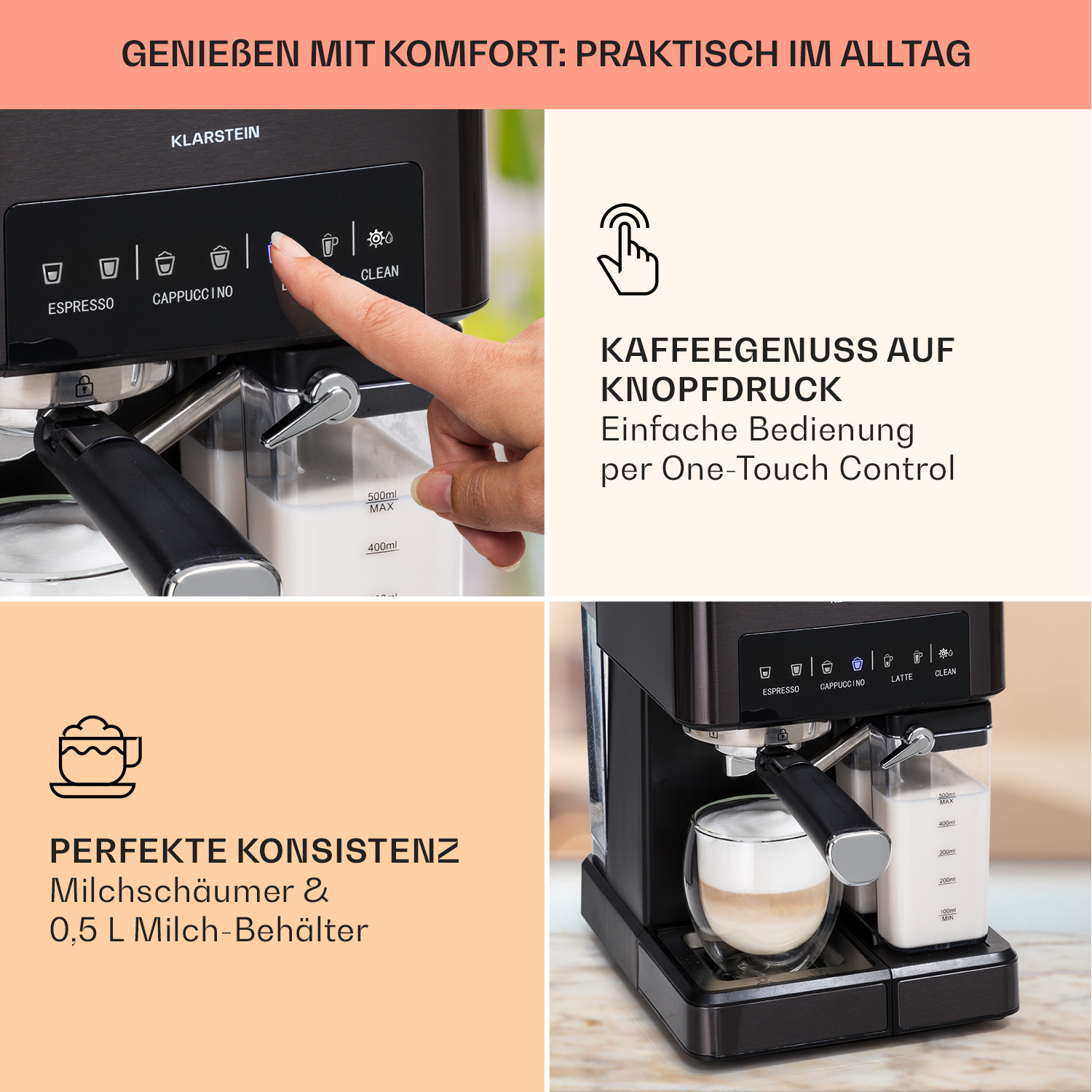 Cafetera con texto: Espresso, Cappuccino, Latte, Clean. Una mano presiona un botón. Contenedor de leche visible.