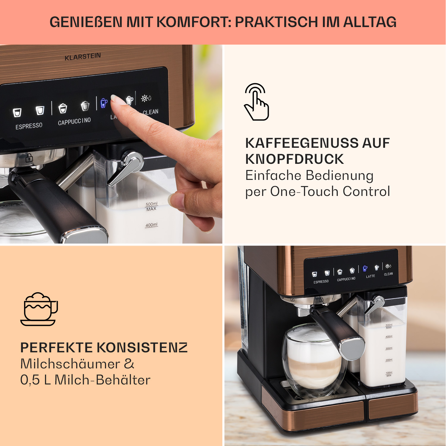 Macchina da caffè con controllo touch, cappuccino, espresso, latte e montalatte.
