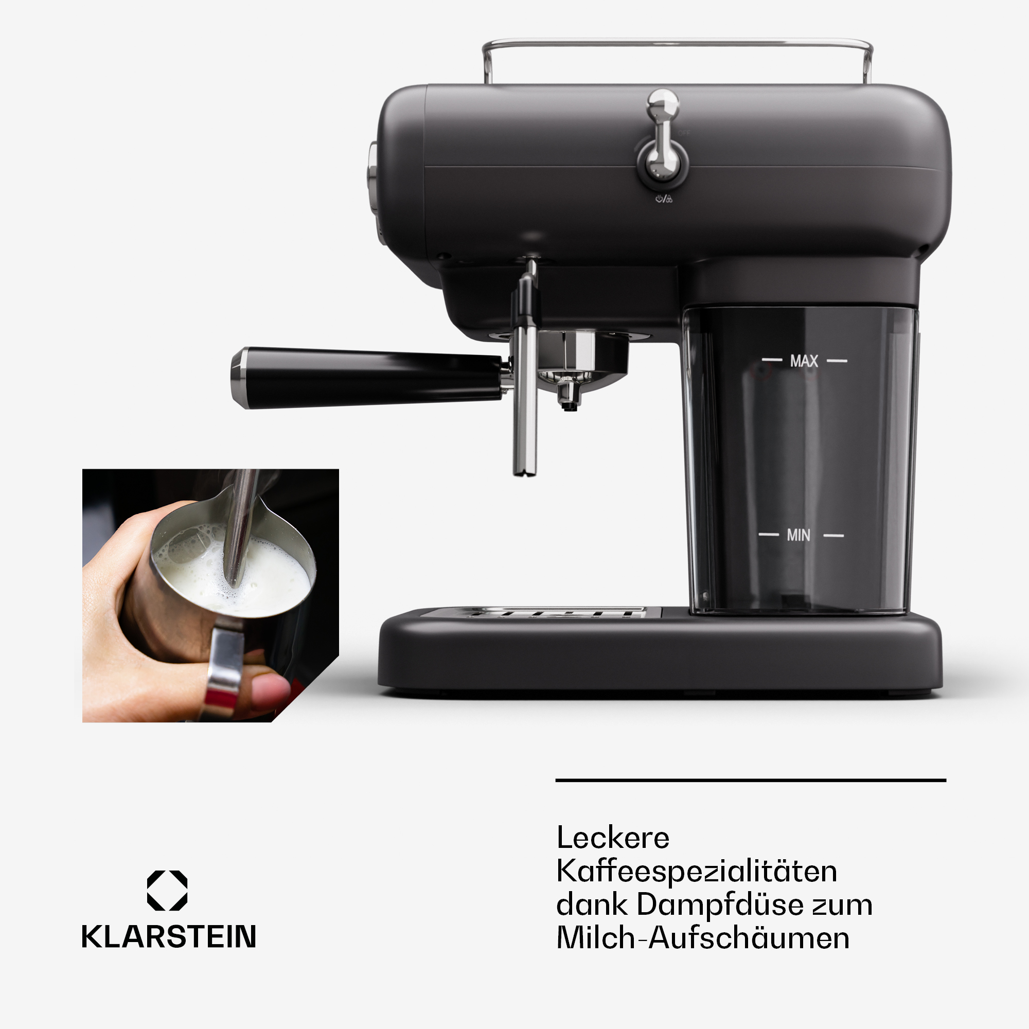 MACCHINA CAFFÈ MANUALE KLARSTEIN 10045424, Compatibile con Caffè macinato, Pressione pompa 19 bar, Potenza 950 W, Serbatoio acqua 1,2 l, Nero