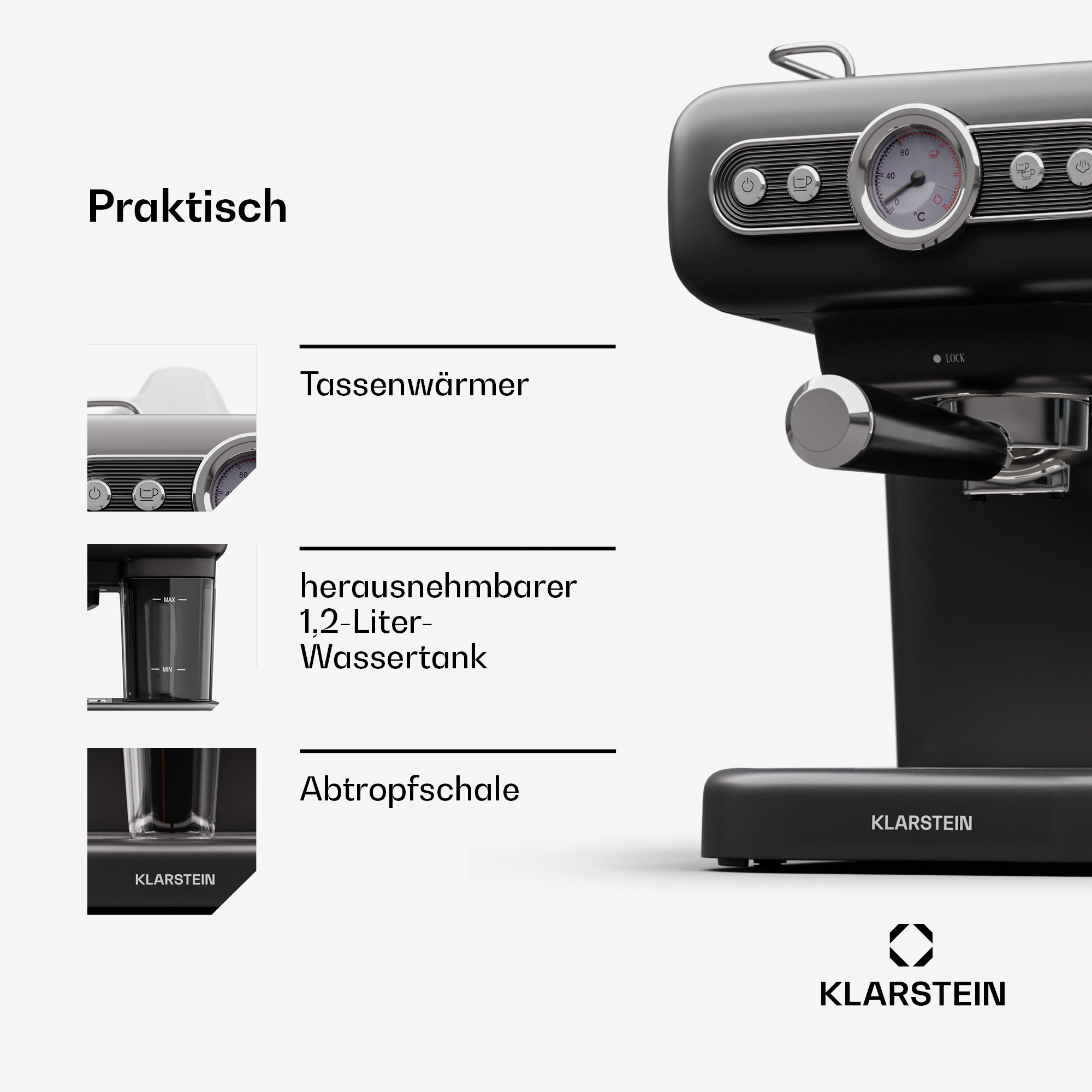 MACCHINA CAFFÈ MANUALE KLARSTEIN 10045424, Compatibile con Caffè macinato, Pressione pompa 19 bar, Potenza 950 W, Serbatoio acqua 1,2 l, Nero