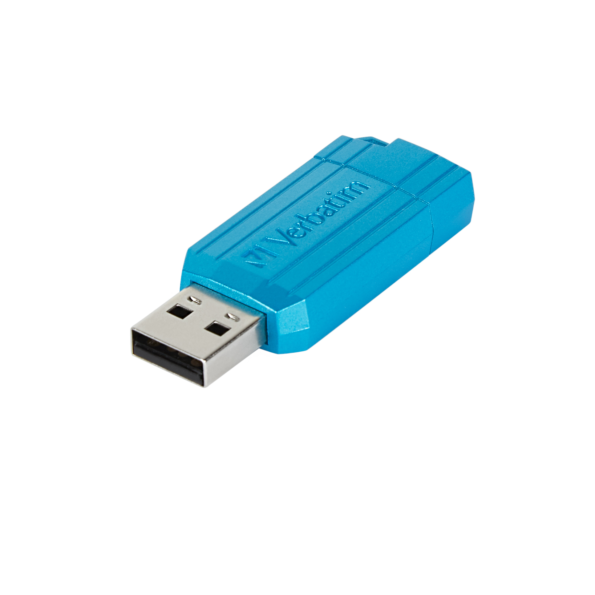 Blauer USB-Stick mit Verbatim-Logo, auf weißem Hintergrund.