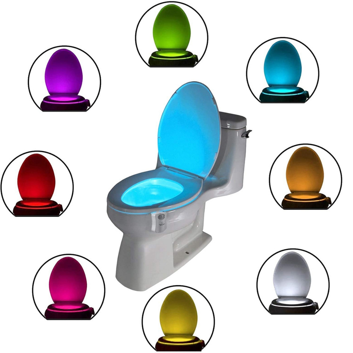 Weiße Toilette mit hochgeklapptem Sitz und blauem Licht, umgeben von farbigen Lichtern.