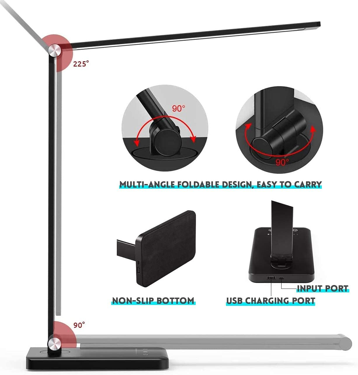 Schwarze Schreibtischlampe mit Multi-Winkel-Design, USB-Anschluss und rutschfestem Boden.