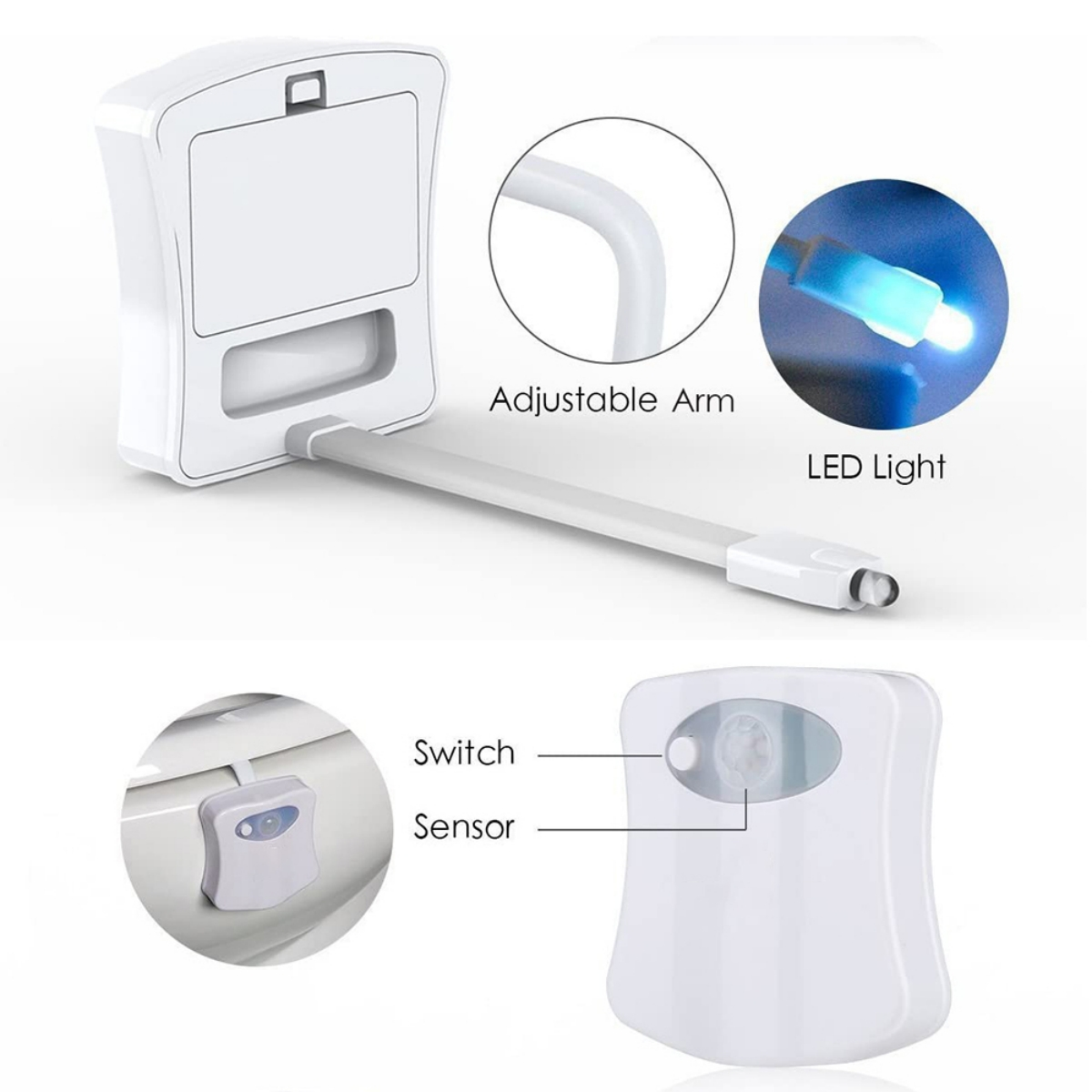 Weißes Toiletten-Nachtlicht. Komponenten: verstellbarer Arm, LED-Licht, Schalter und Sensor. Nahaufnahme.