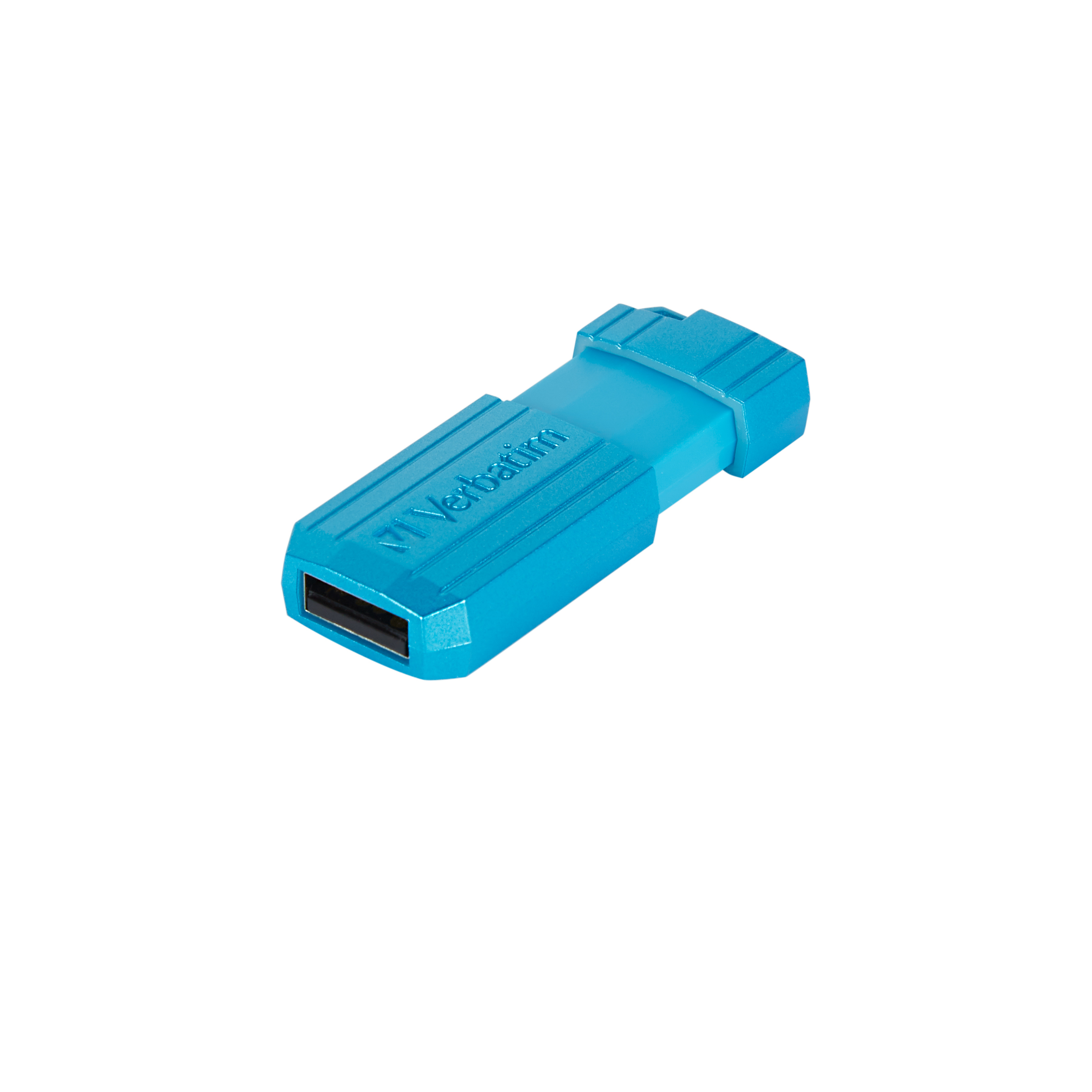 Blauer USB-Stick mit dem Verbatim-Logo.