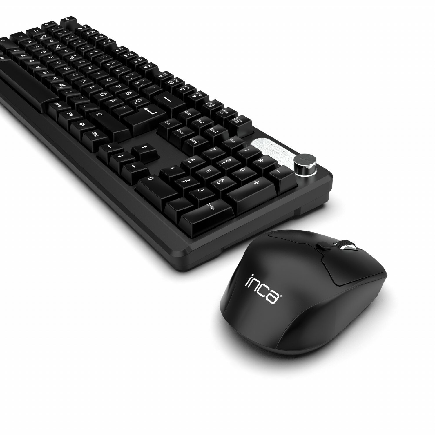 Czarny zestaw klawiatura i mysz. Klawiatura jest pełnowymiarowa z klawiaturą numeryczną.