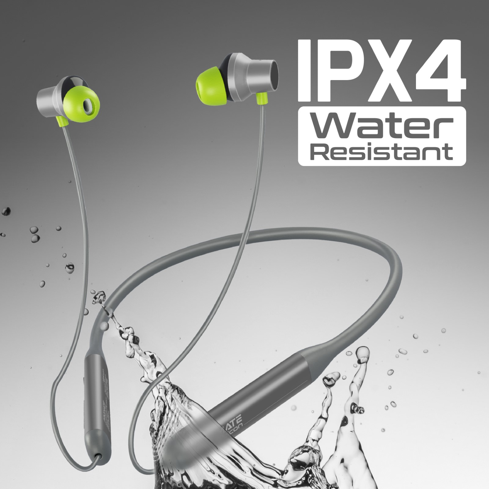 Auriculares inalámbricos grises y plateados con detalles verdes, salpicaduras de agua e IPX4.