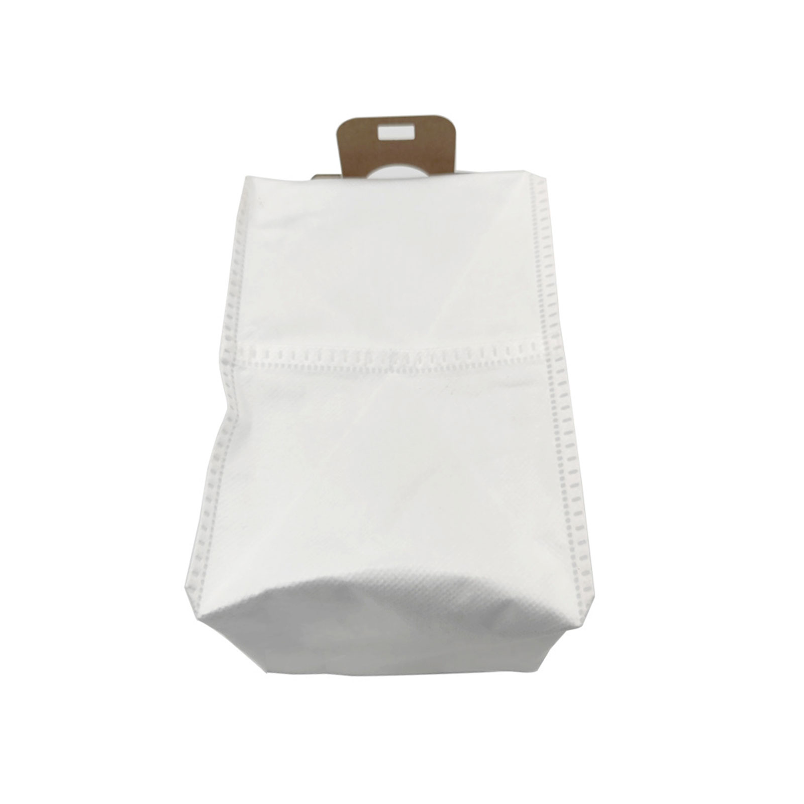 Eine weiße Tasche mit einem Kartongriff. Sie ist leer und hat eine einfache, rechteckige Form.